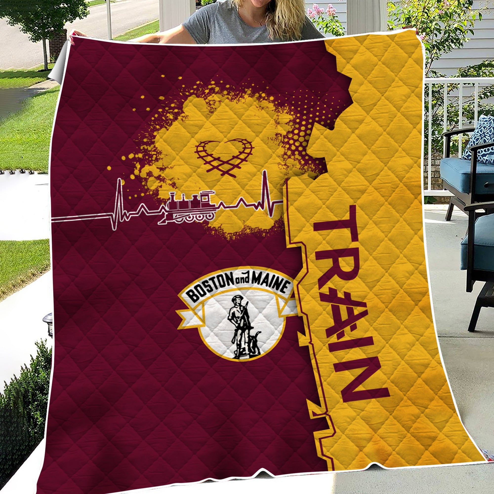 Railspirit Boston and Maine Railroad Premium Quilts Engine Heartbeat and Track Love Style Quilts Gift Idea For Train Lovers