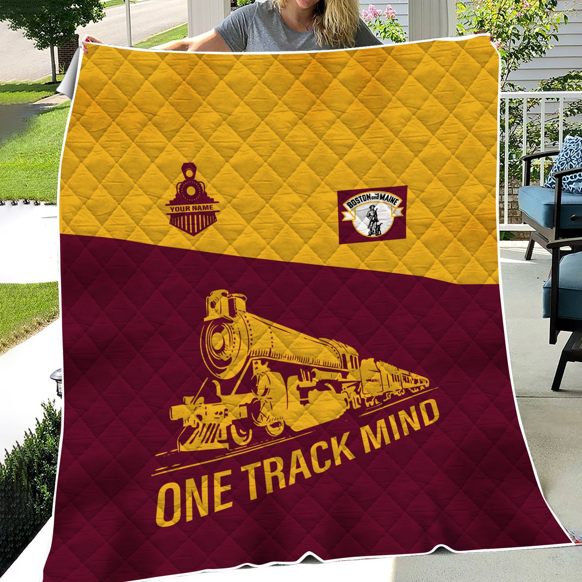 Railspirit Personalized Boston and Maine Railroad Premium Quilt One Track Mind Train Premium Quilt Gift Idea For Train Lover