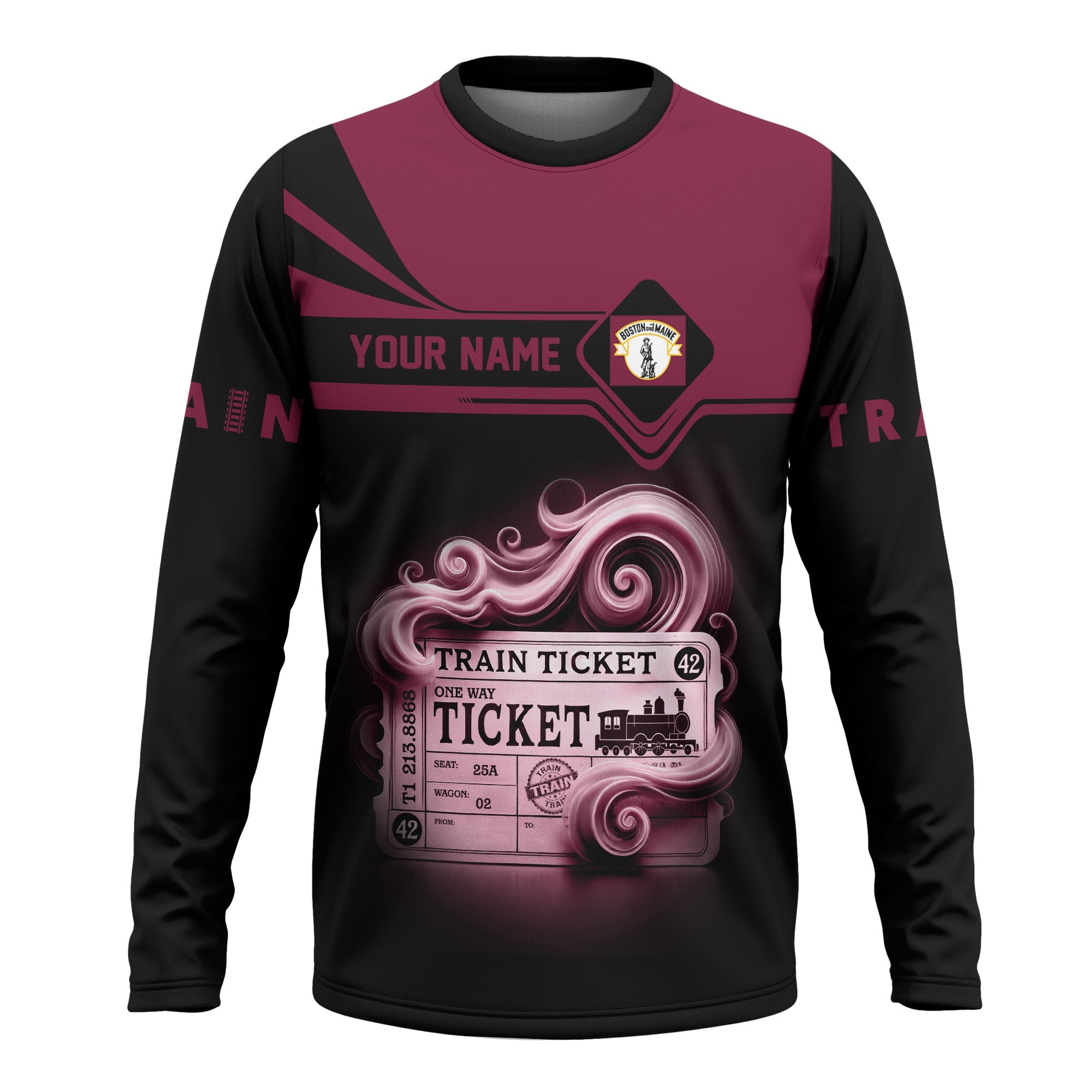 Railspirit Custom Name Boston and Maine Railroad Long Sleeve Shirt American Train Ticket Printed Shirt