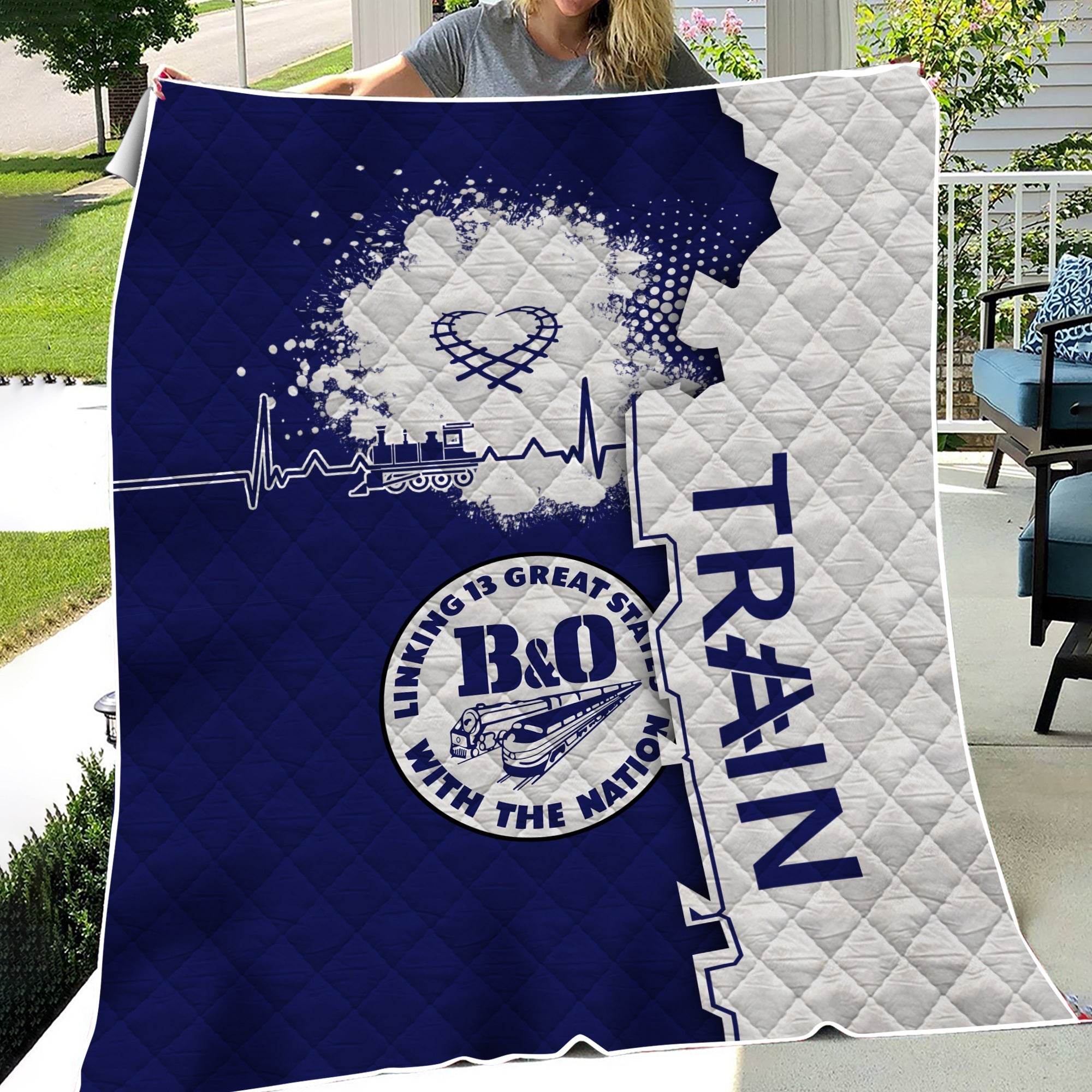 Railspirit B&O Great States Railroad Premium Quilts Engine Heartbeat and Track Love Style Quilts Gift Idea For Train Lovers