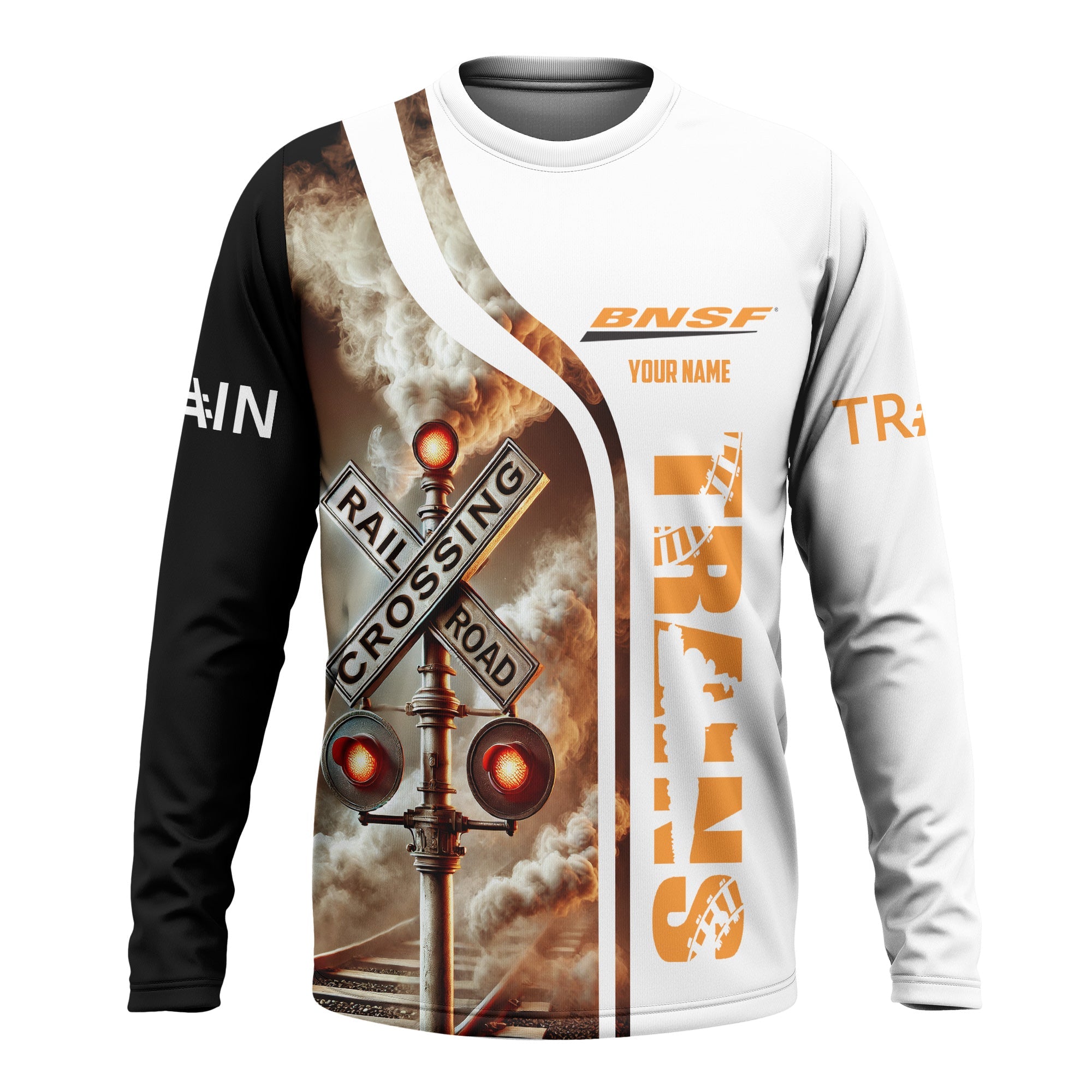 Railspirit Custom Name BNSF Railway Long Sleeve Shirt Railroad Crossing Sign Printed Train Shirt