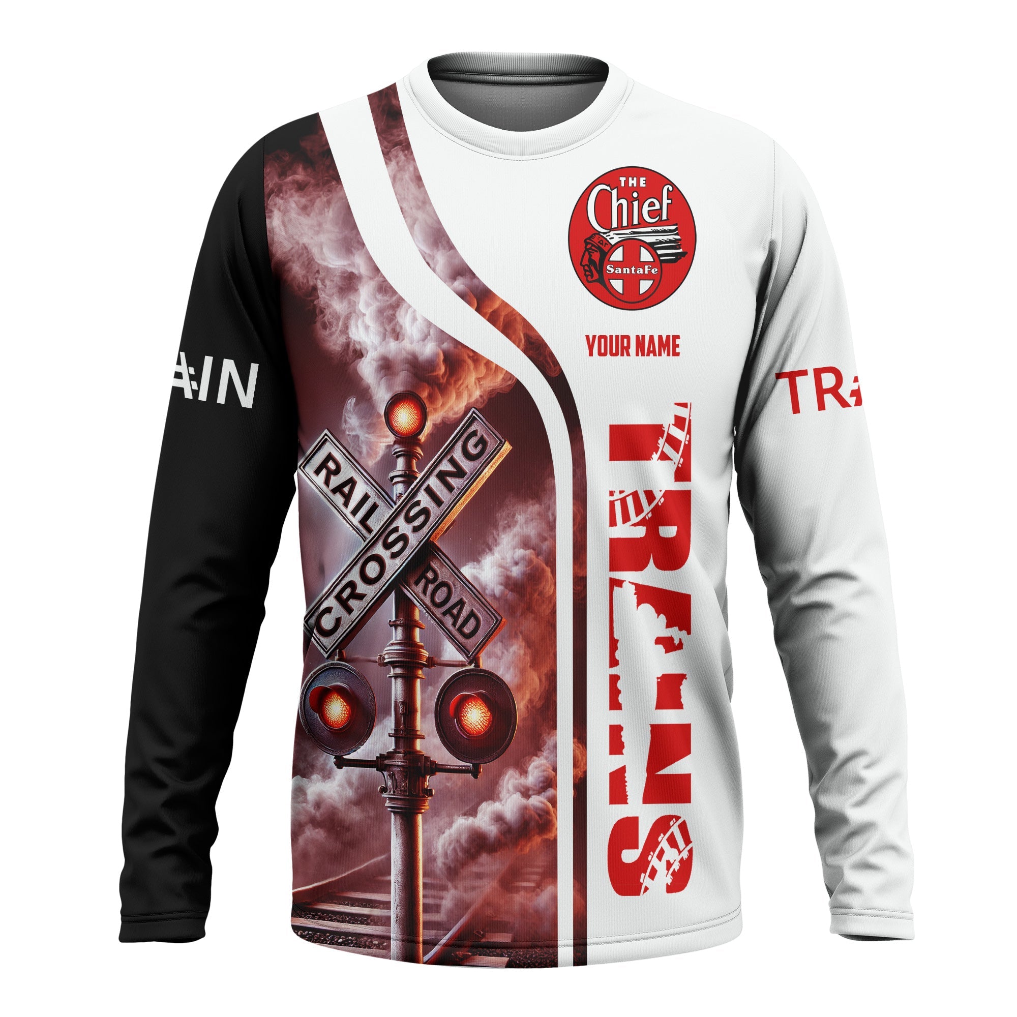 Railspirit Custom Name The Chief Santa Fe Railroad Long Sleeve Shirt Railroad Crossing Sign Printed Train Shirt