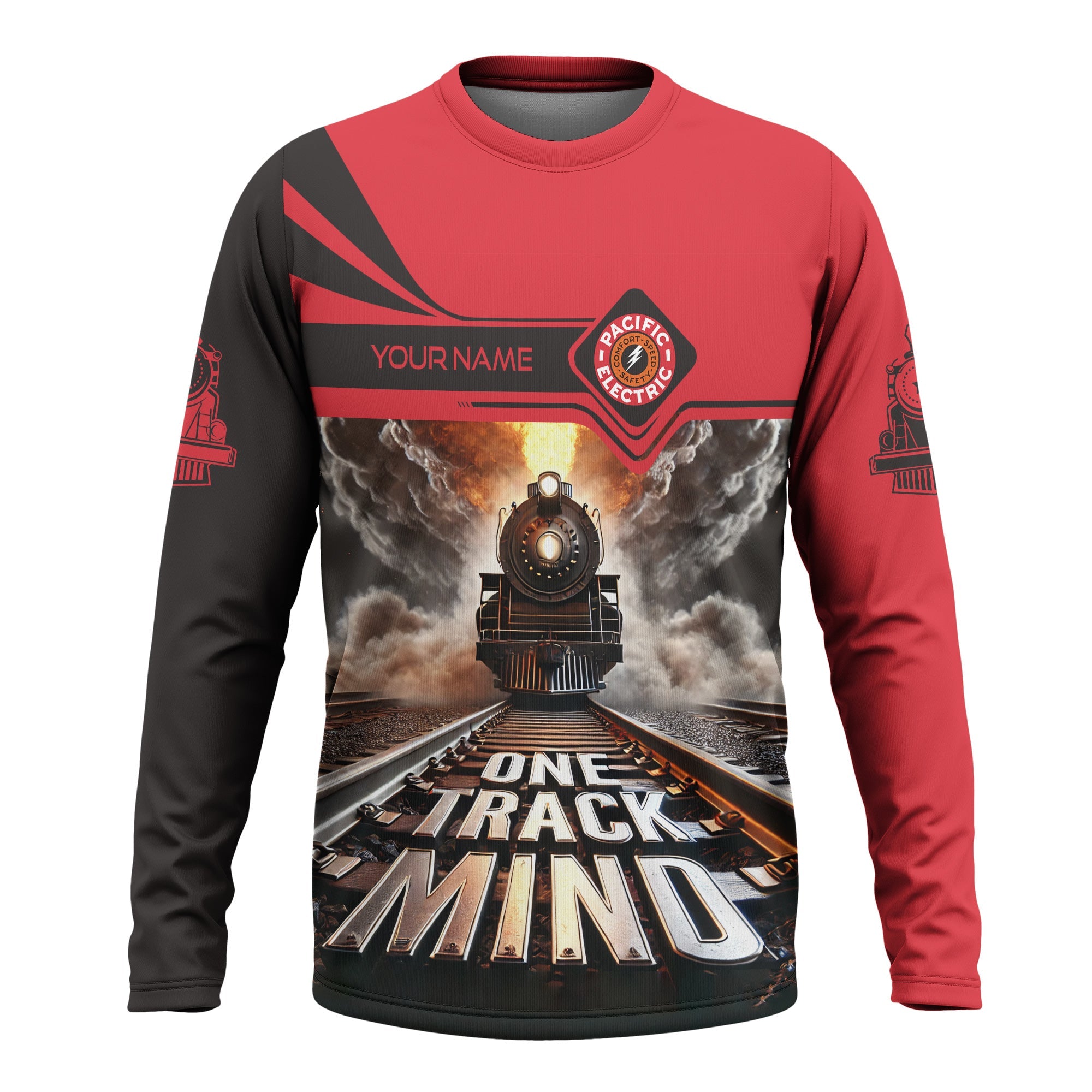 Railspirit Personalized Pacific Electric Railroad Long Sleeve Shirt One Track Mind Train Printed Shirt