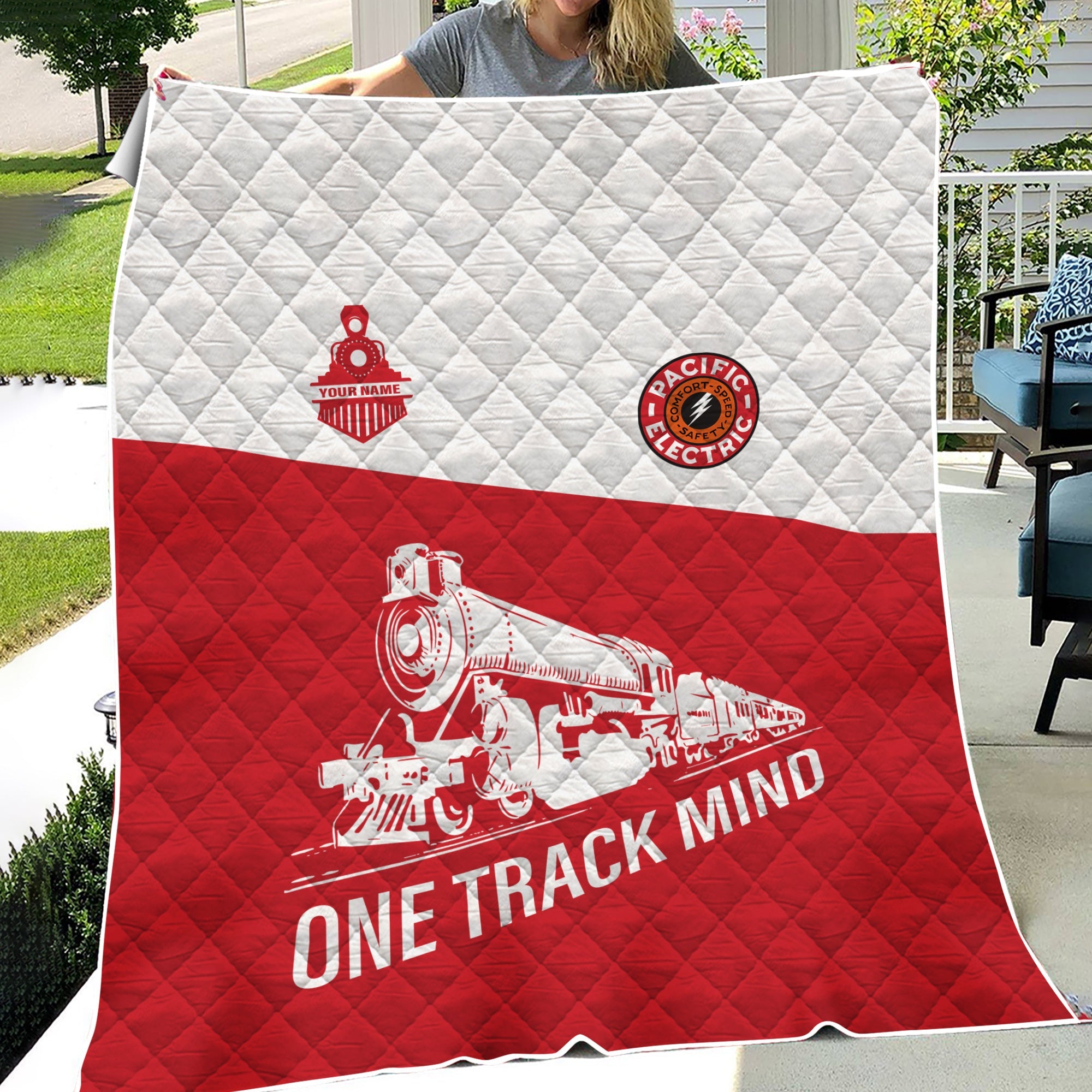 Railspirit Personalized Pacific Electric Railroad Premium Quilt One Track Mind Train Premium Quilt Gift Idea For Train Lover
