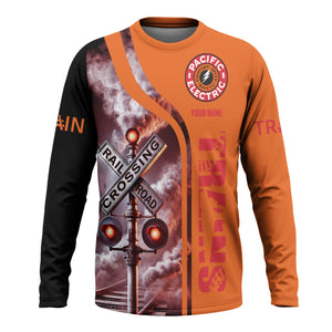 Railspirit Custom Name Pacific Electric Railroad Long Sleeve Shirt Railroad Crossing Sign Printed Train Shirt