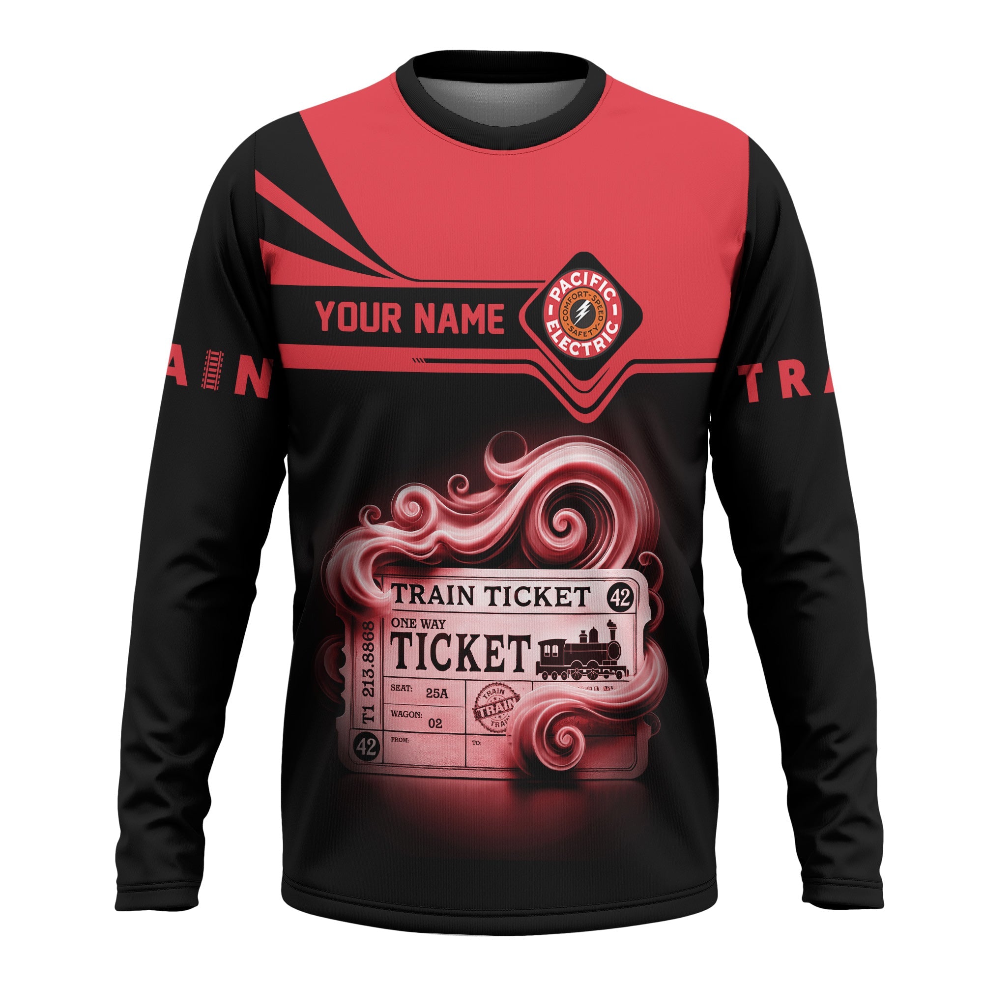 Railspirit Custom Name Pacific Electric Railroad Long Sleeve Shirt American Train Ticket Printed Shirt