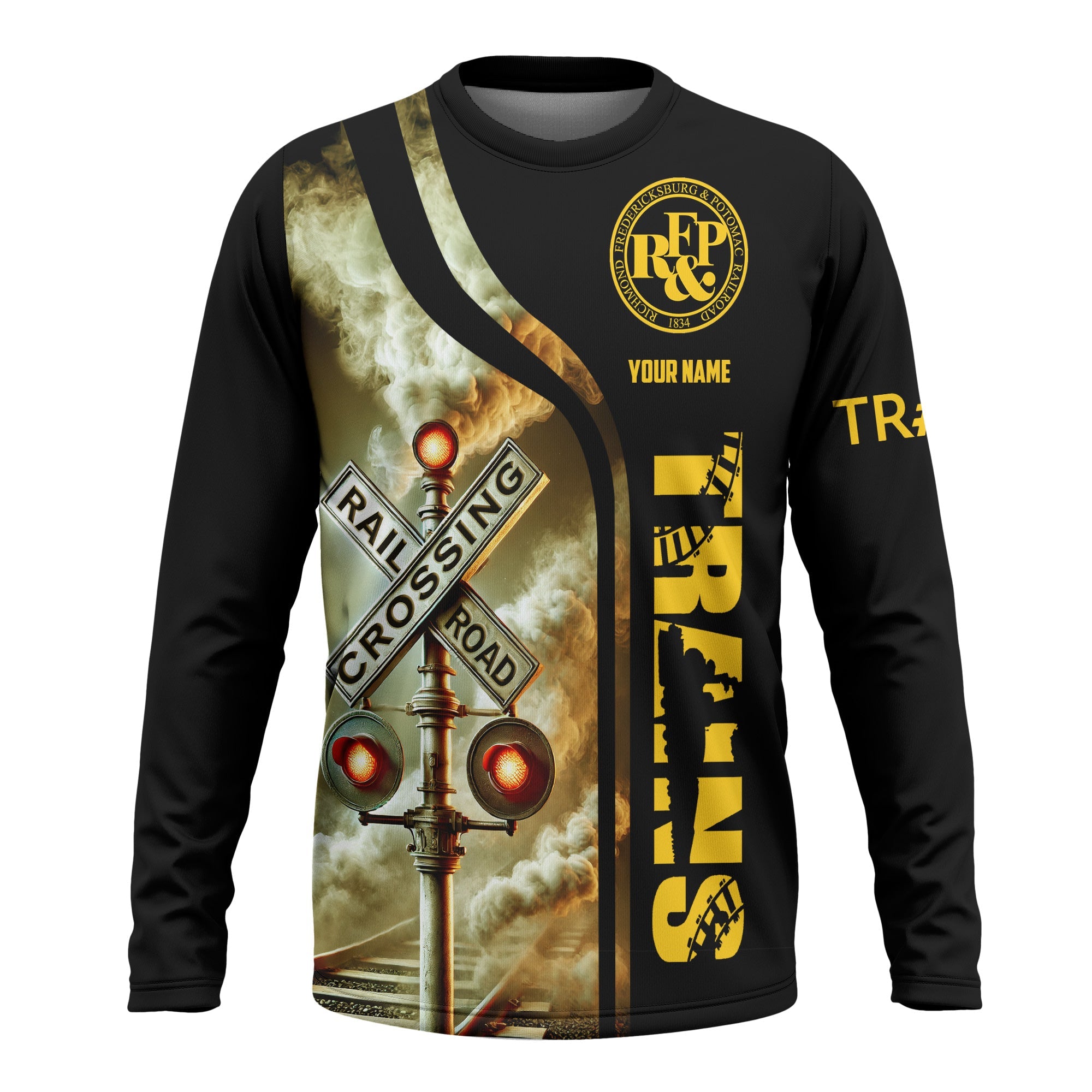 Railspirit Custom Name Richmond, Fredericksburg And Potomac Railroad Long Sleeve Shirt Railroad Crossing Sign Printed Train Shirt