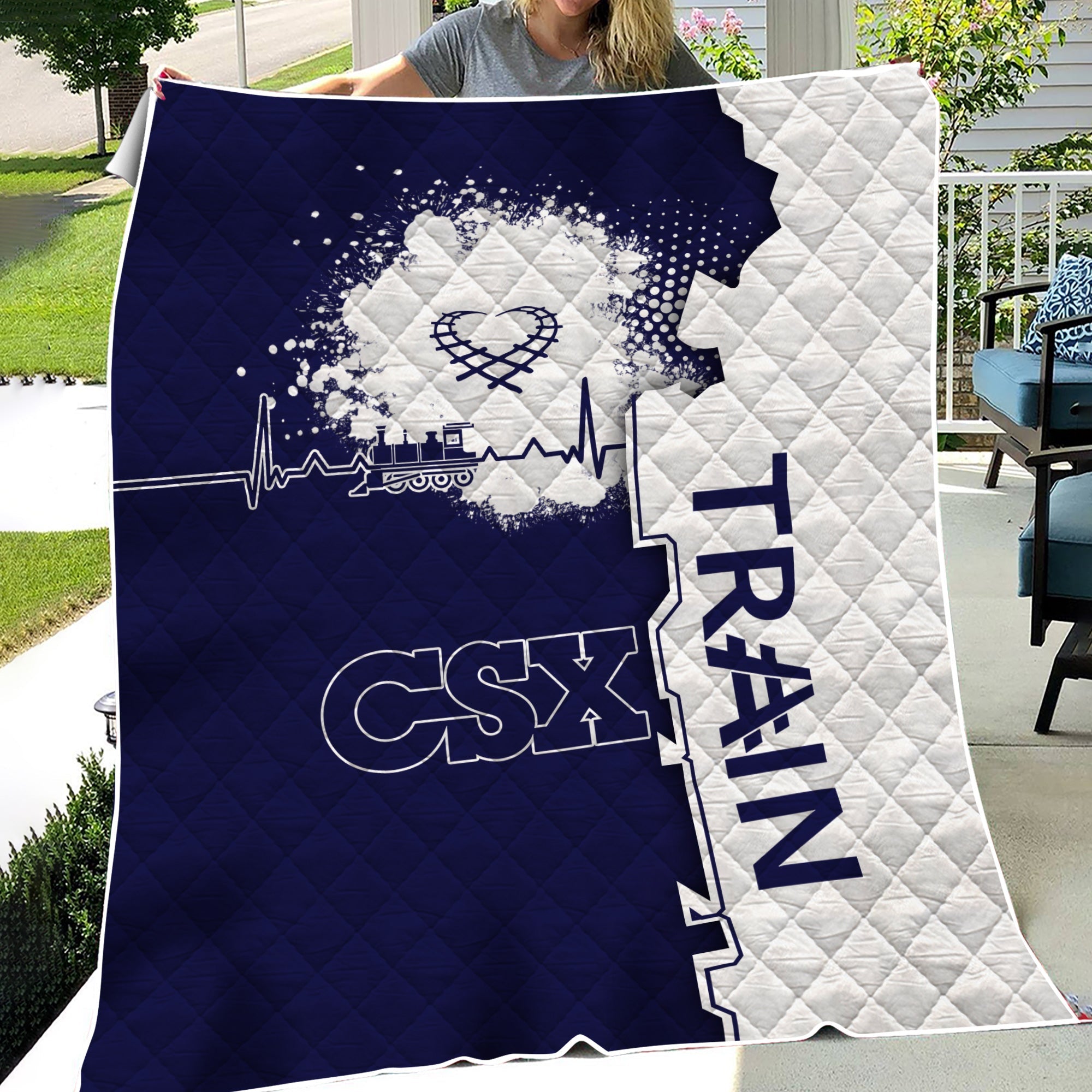 Railspirit CSX Transportation Railroad Premium Quilts Engine Heartbeat and Track Love Style Quilts Gift Idea For Train Lovers