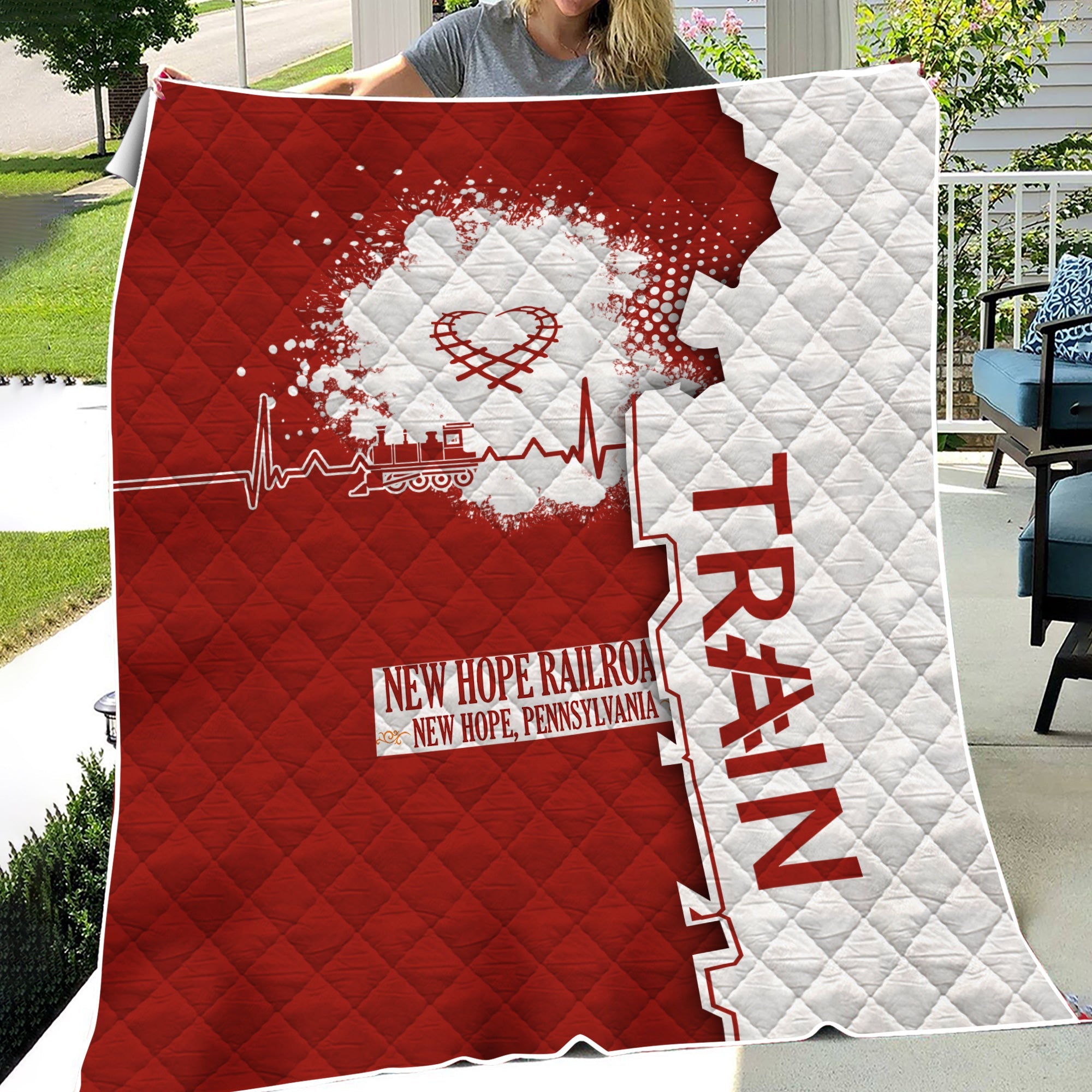 Railspirit New Hope Railroad Premium Quilts Engine Heartbeat and Track Love Style Quilts Gift Idea For Train Lovers