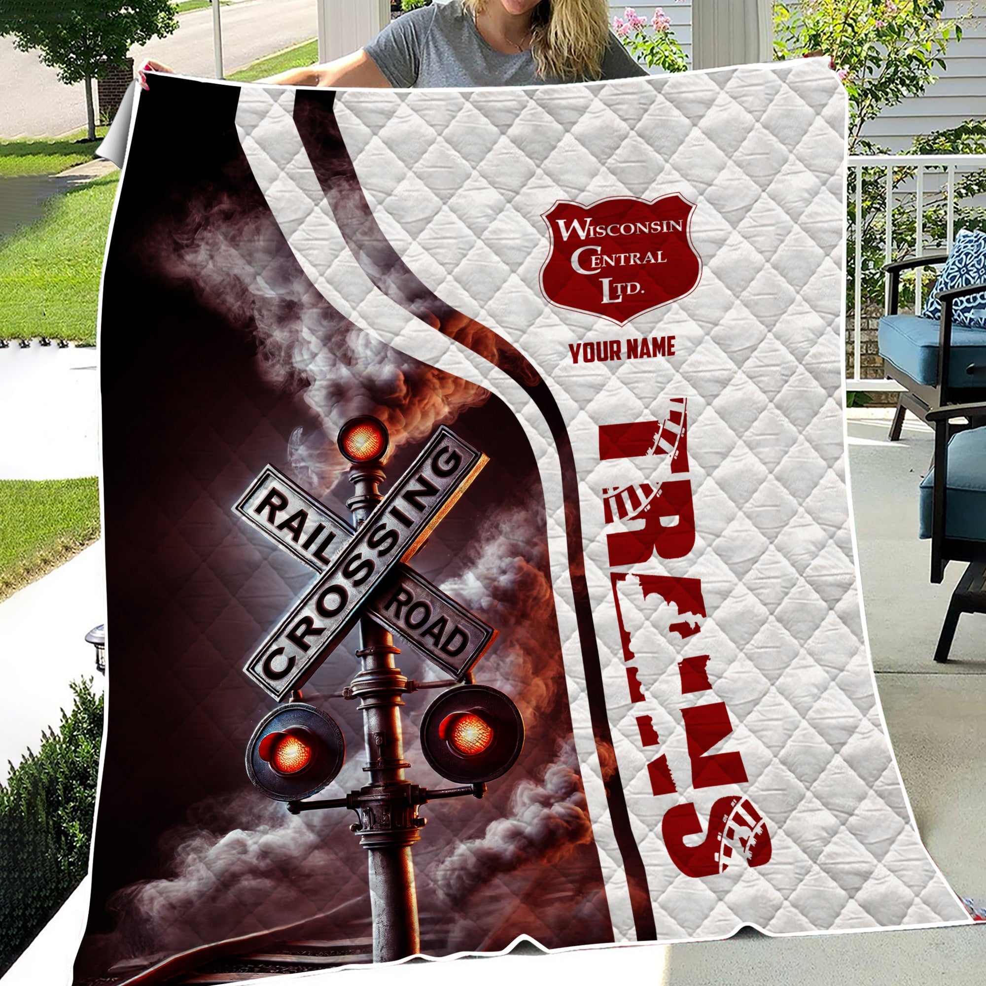 Railspirit Personalized Wisconsin Central Ltd Railroad Premium Quilts Railroad Crossing Sign Quilts All Over Print