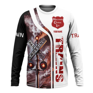 Railspirit Custom Name Wisconsin Central Ltd Railroad Long Sleeve Shirt Railroad Crossing Sign Printed Train Shirt