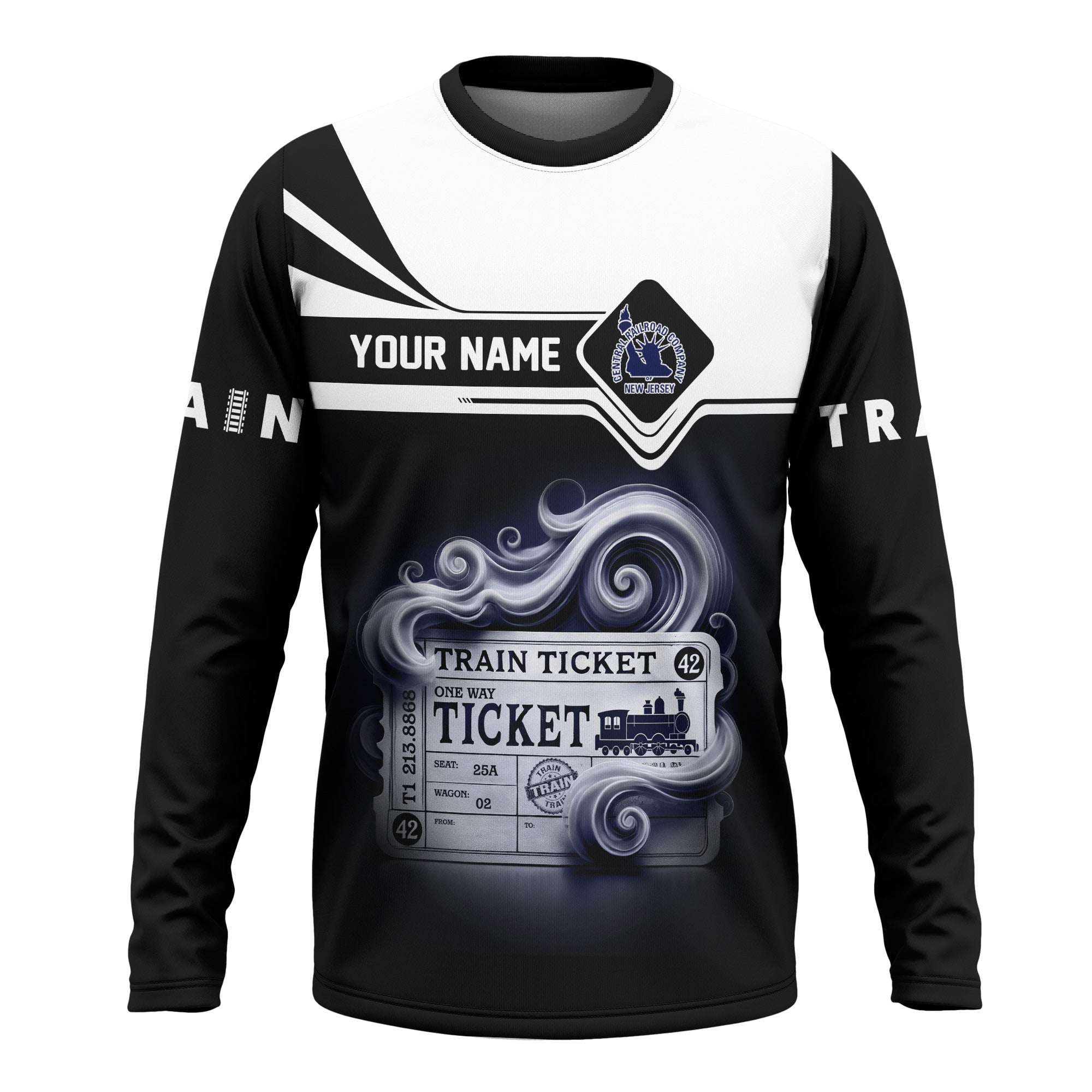 Railspirit Custom Name CNJ Jersey Central Railroad Long Sleeve Shirt American Train Ticket Printed Shirt