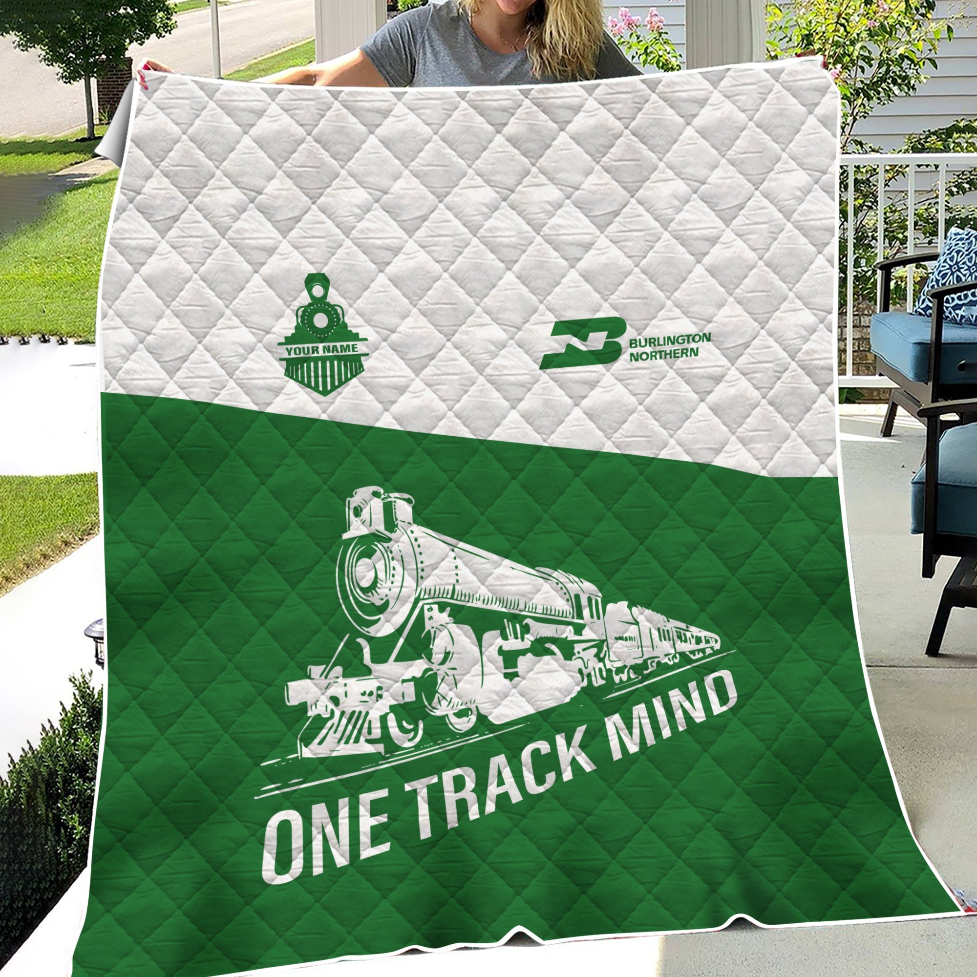 Railspirit Personalized Burlington Northern Railroad Premium Quilt One Track Mind Train Premium Quilt Gift Idea For Train Lover