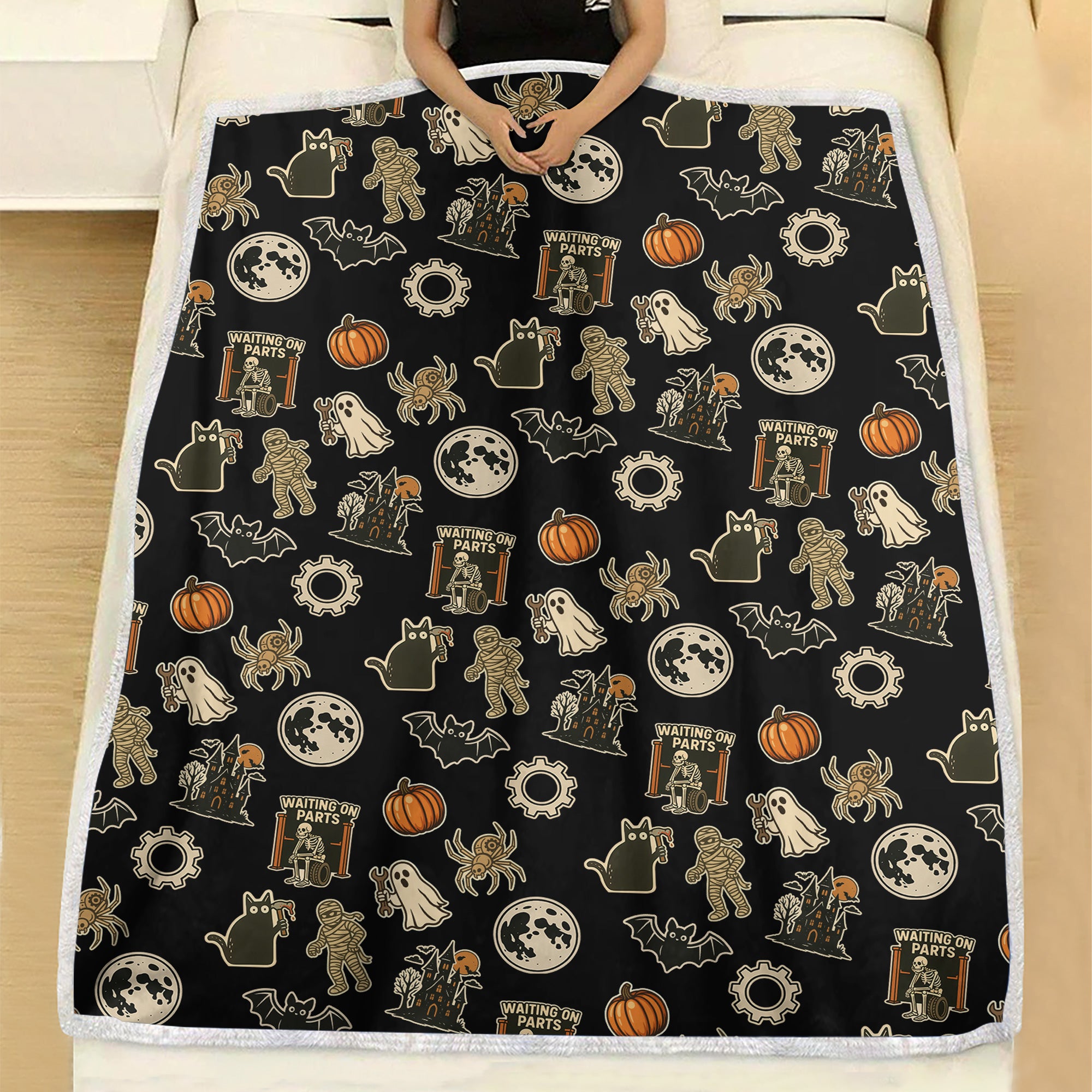 Funny Halloween Mechanic Blanket , Spooky Pumpkin Ghost Mummy Spider Bat Moon Costume Funny Scary Blanket for Mechanic
