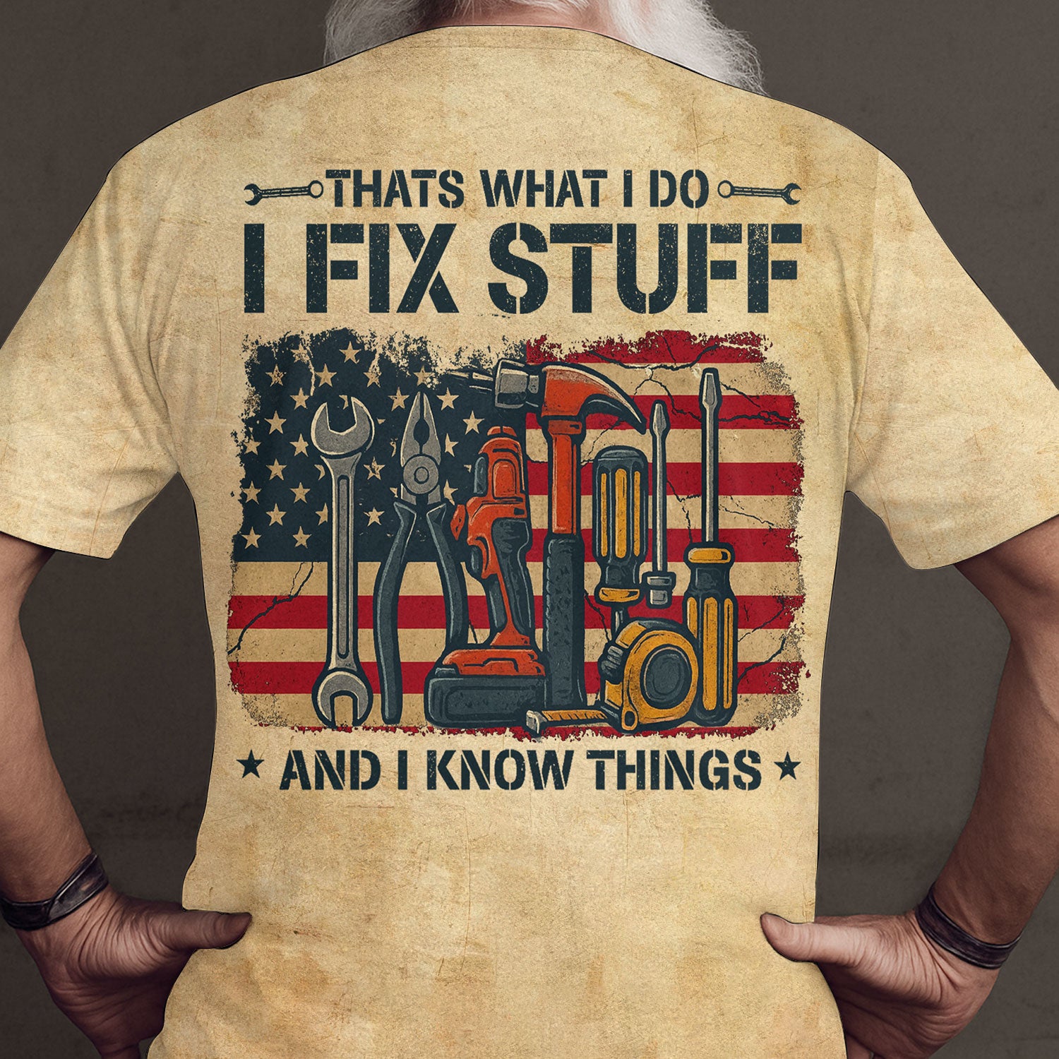 Funny Mechanic Shirt, That’s What I Do I Fix Stuff And I Know Things, American Flag Tool Graphic Tee, Gift For Repair Men