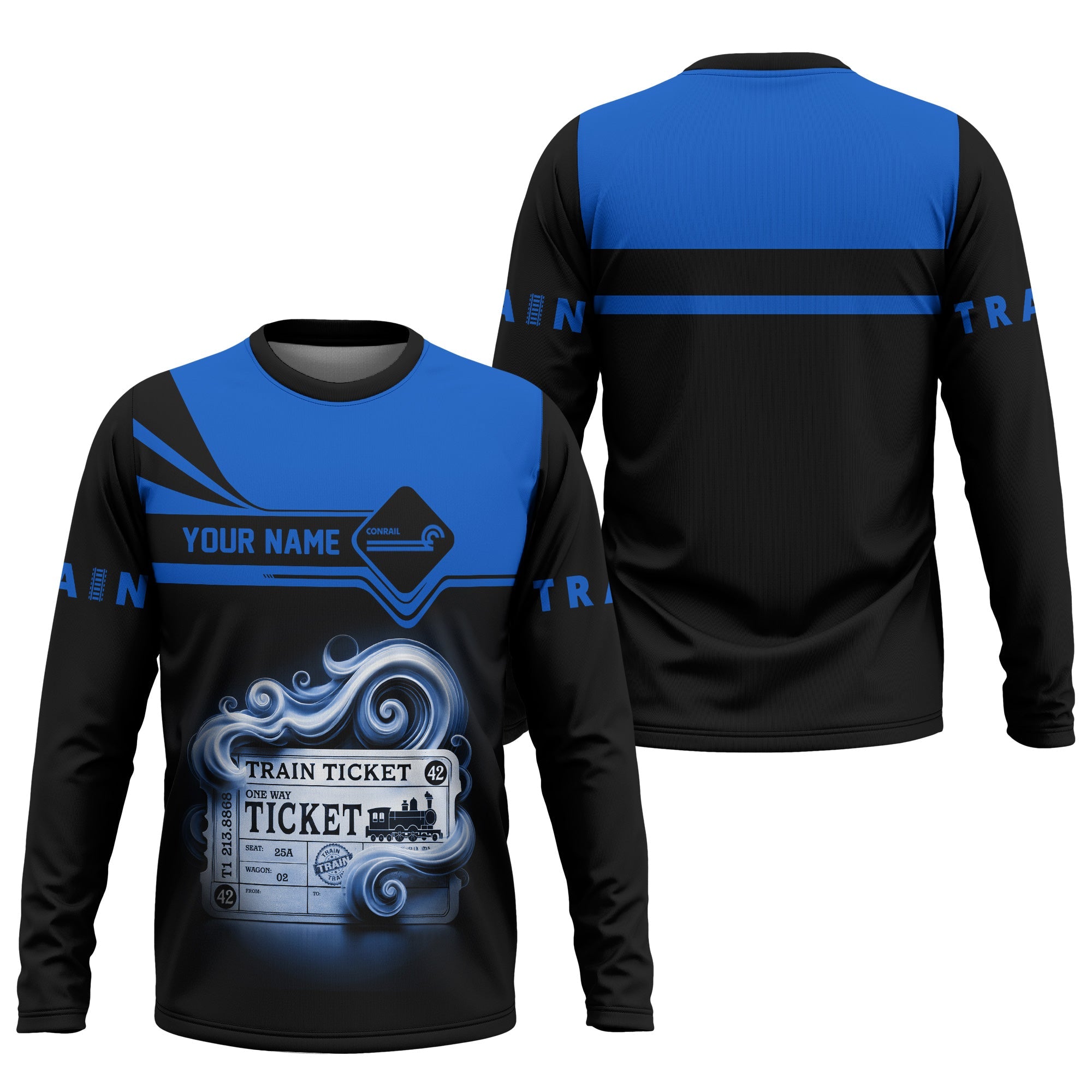 Railspirit Custom Name Conrail Railroad Long Sleeve Shirt American Train Ticket Printed Shirt