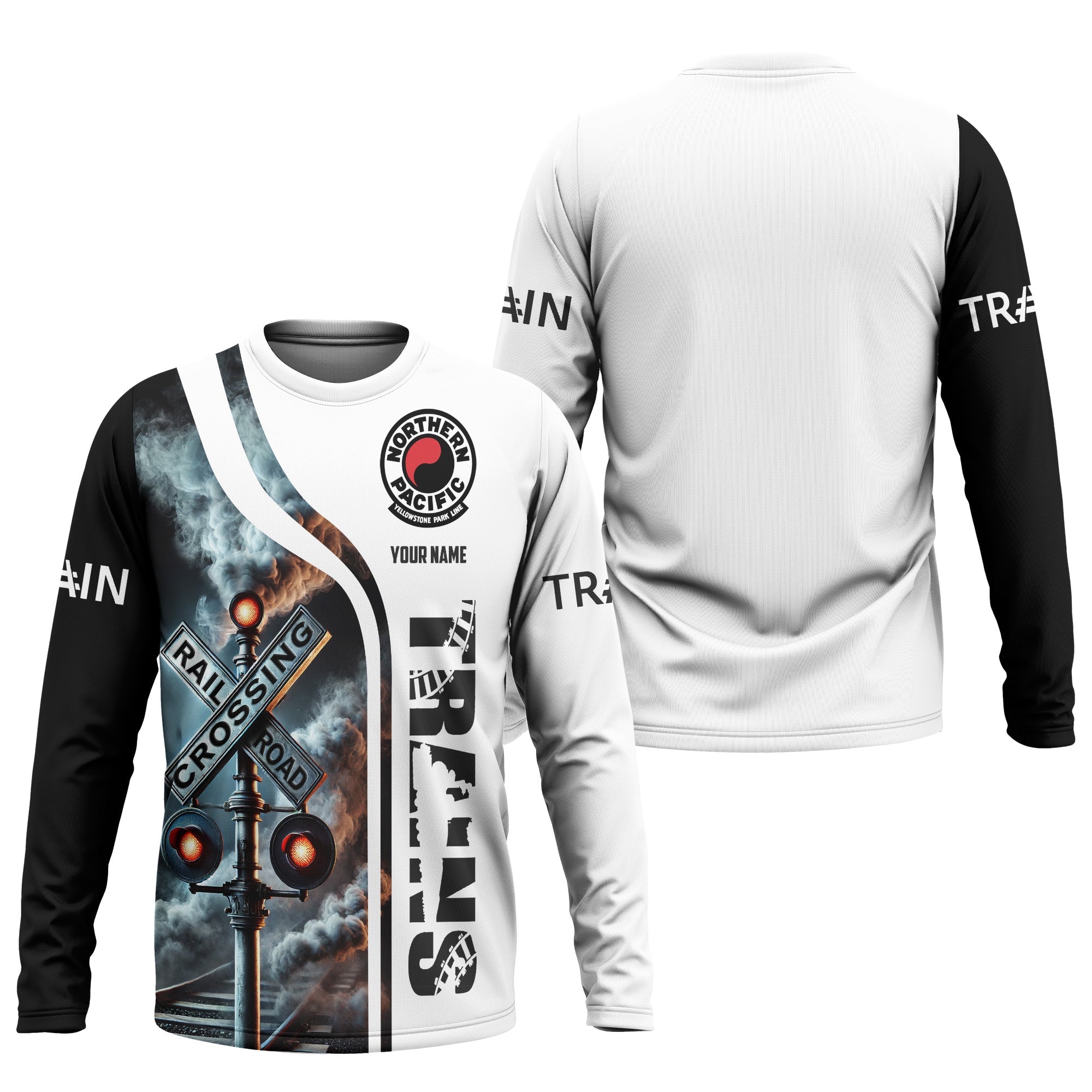 Railspirit Custom Name Northern Pacific Railway Long Sleeve Shirt Railroad Crossing Sign Printed Train Shirt