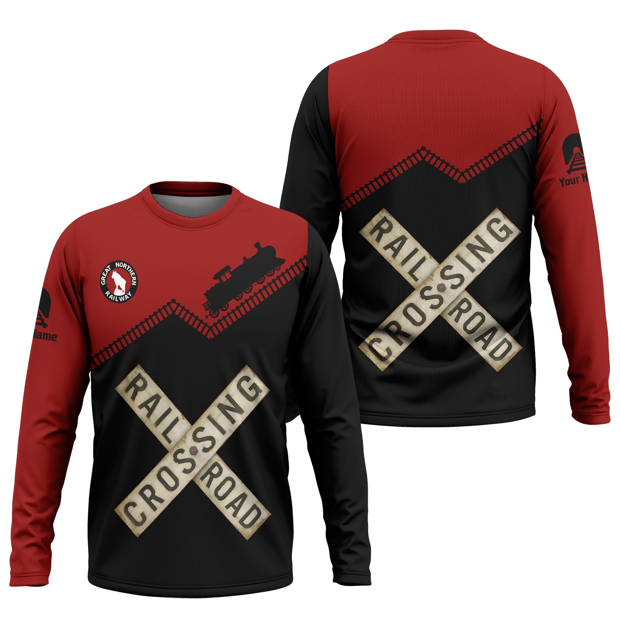 Railspirit Personalized Great Northern Railway Long Sleeve Shirt Railroad Crossing Printed Train Track Shirt