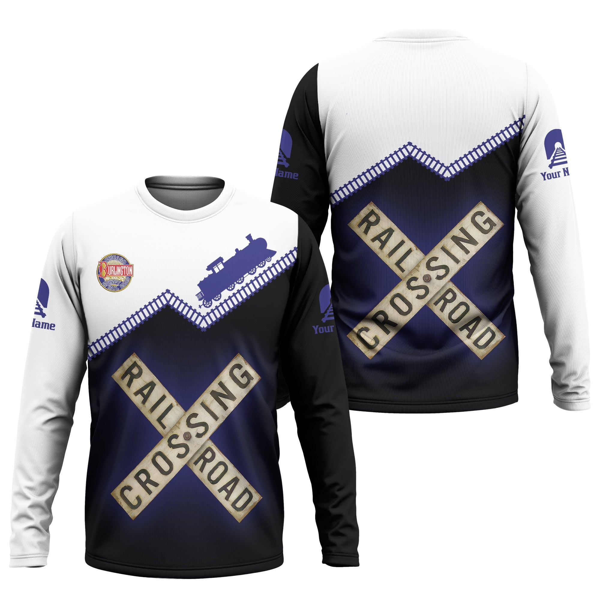 Railspirit Personalized Chicago, Burlington and Quincy Railroad Long Sleeve Shirt Railroad Crossing  Printed Train Track Shirt