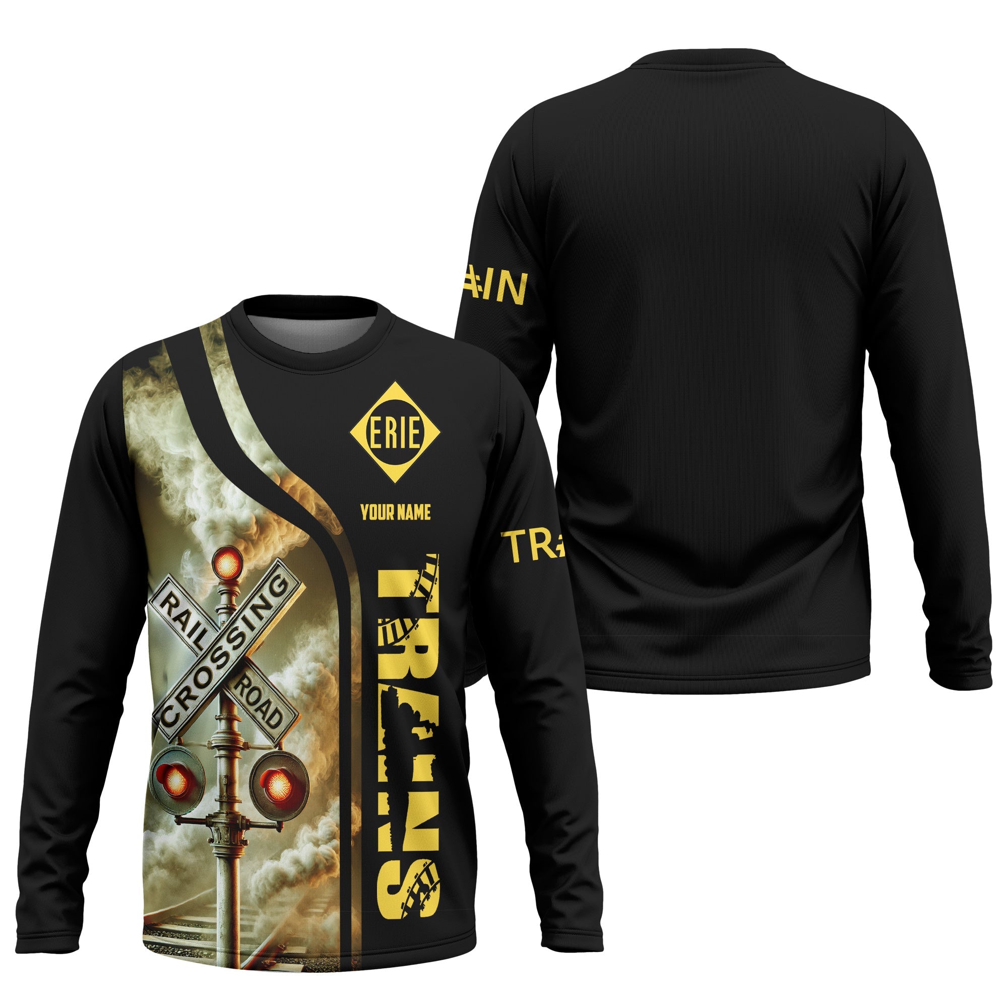 Railspirit Custom Name Erie Railroad Long Sleeve Shirt Railroad Crossing Sign Printed Train Shirt