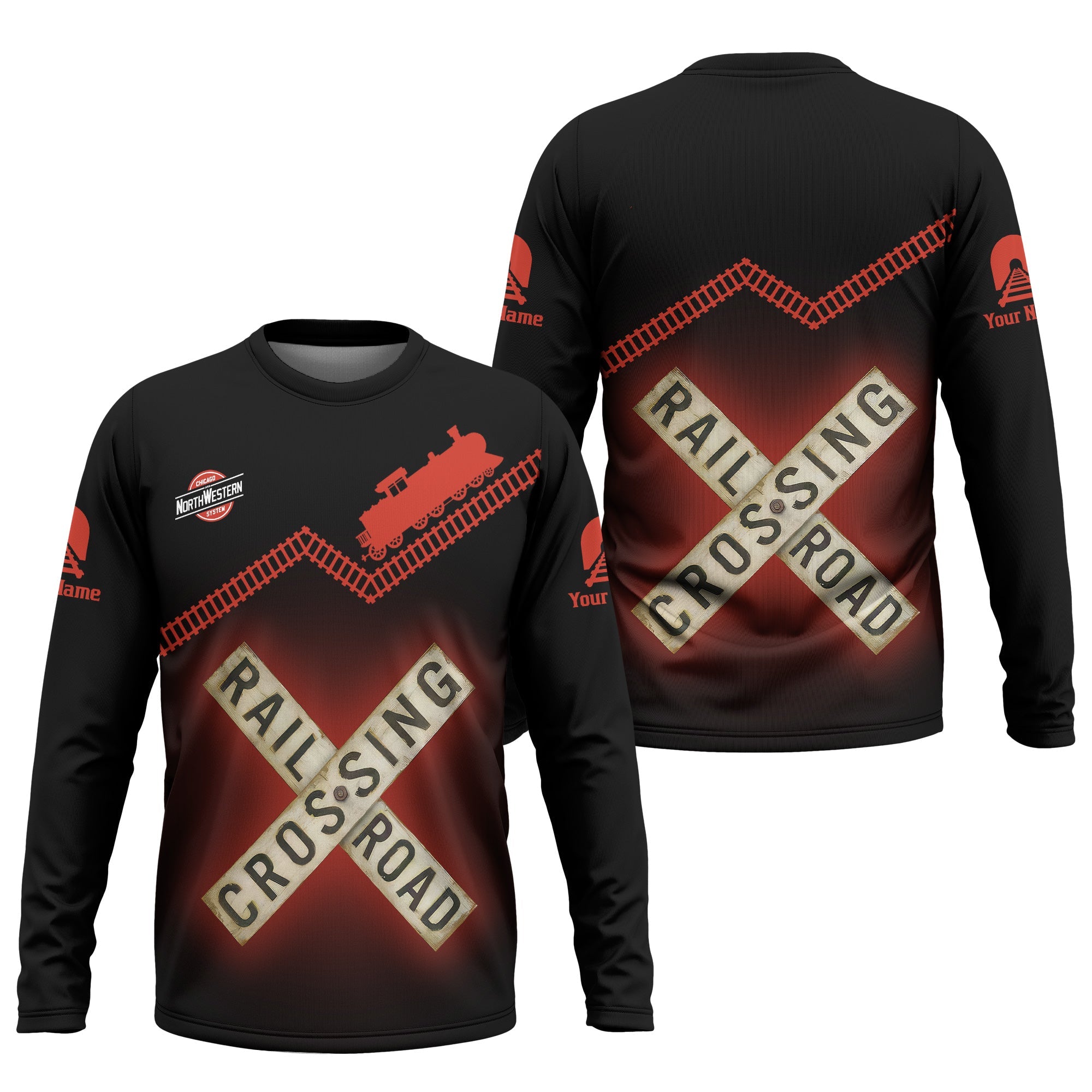 Railspirit Personalized Chicago and North Western Railway Long Sleeve Shirt Railroad Crossing Printed Train Track Shirt