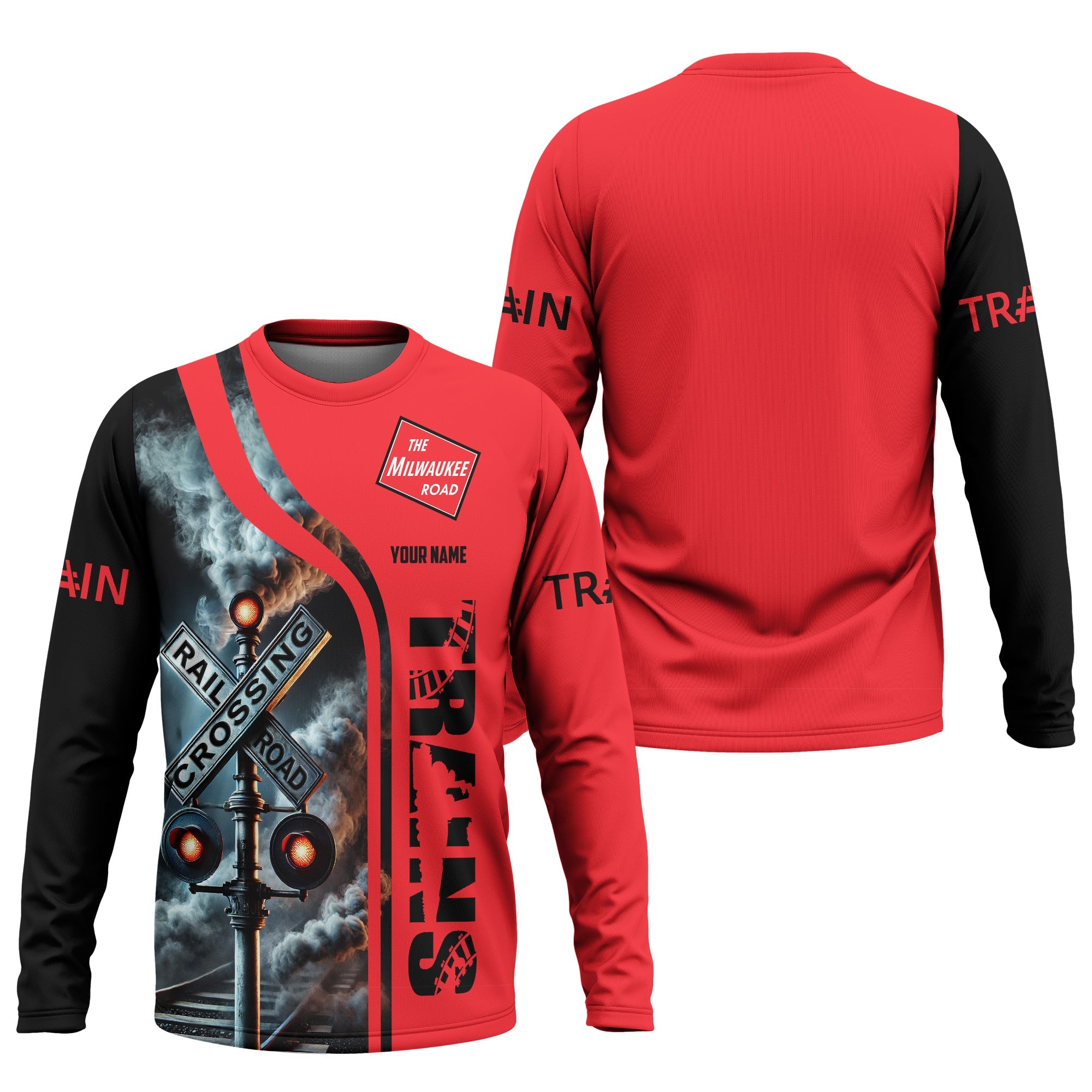 Railspirit Custom Name Chicago, Milwaukee, St. Paul and Pacific Railroad Long Sleeve Shirt Railroad Crossing Sign Milwaukee Road Printed Train Shirt