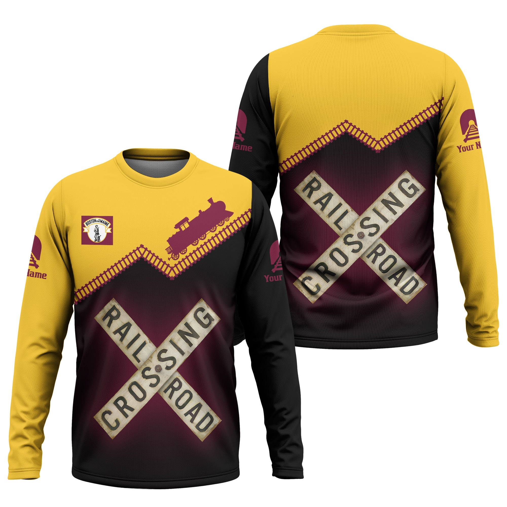 Railspirit Personalized Boston and Maine Railroad Long Sleeve Shirt Railroad Crossing Printed Train Track Shirt