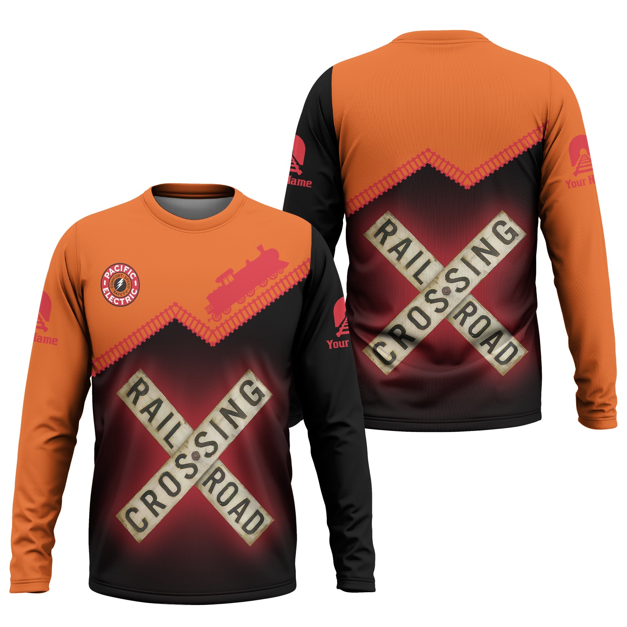 Railspirit Personalized Pacific Electric Railroad Long Sleeve Shirt Railroad Crossing Printed Train Track Shirt