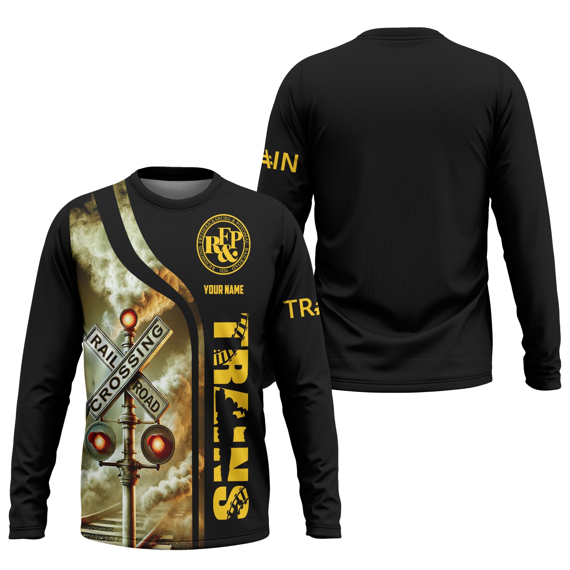 Railspirit Custom Name Richmond, Fredericksburg And Potomac Railroad Long Sleeve Shirt Railroad Crossing Sign Printed Train Shirt
