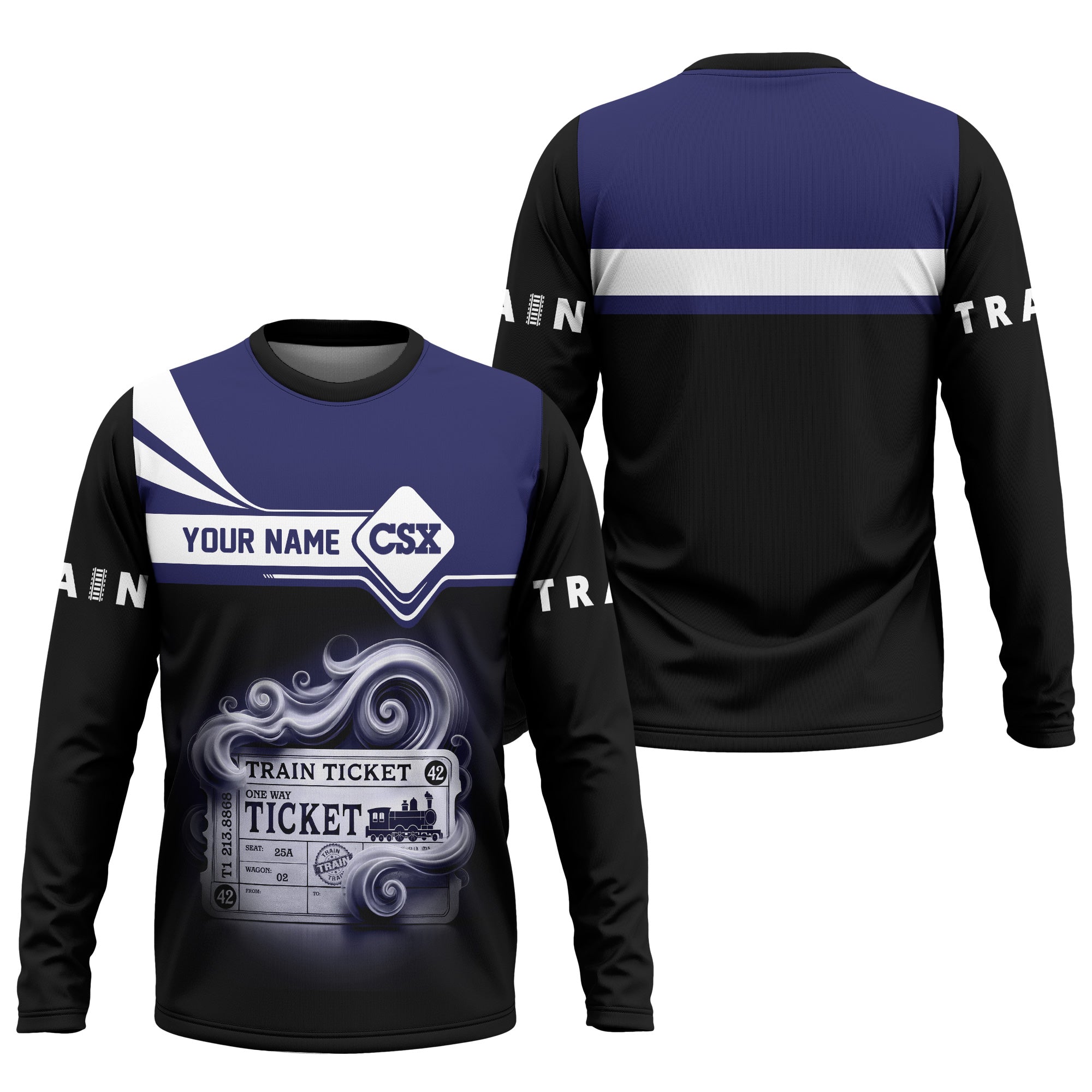 Railspirit Custom Name CSX Transportation Railroad Long Sleeve Shirt American Train Ticket Printed Shirt