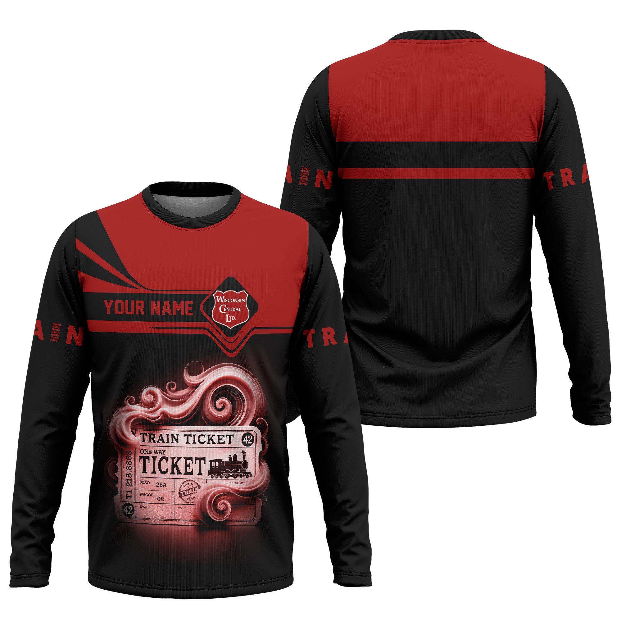 Railspirit Custom Name Wisconsin Central Ltd Railroad Long Sleeve Shirt American Train Ticket Printed Shirt