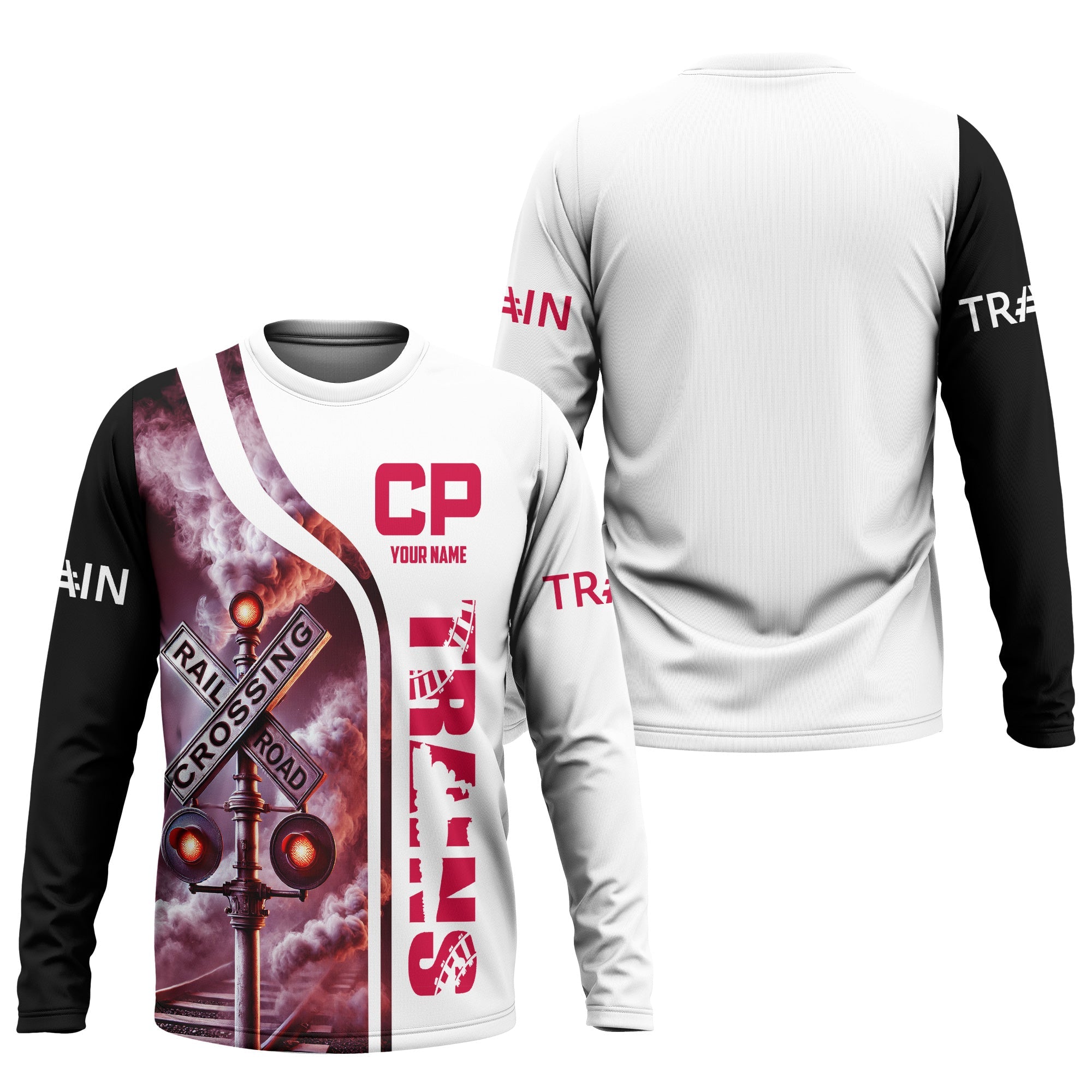 Railspirit Custom Name Canadian Pacific Railroad Long Sleeve Shirt Railroad Crossing Sign Printed Train Shirt