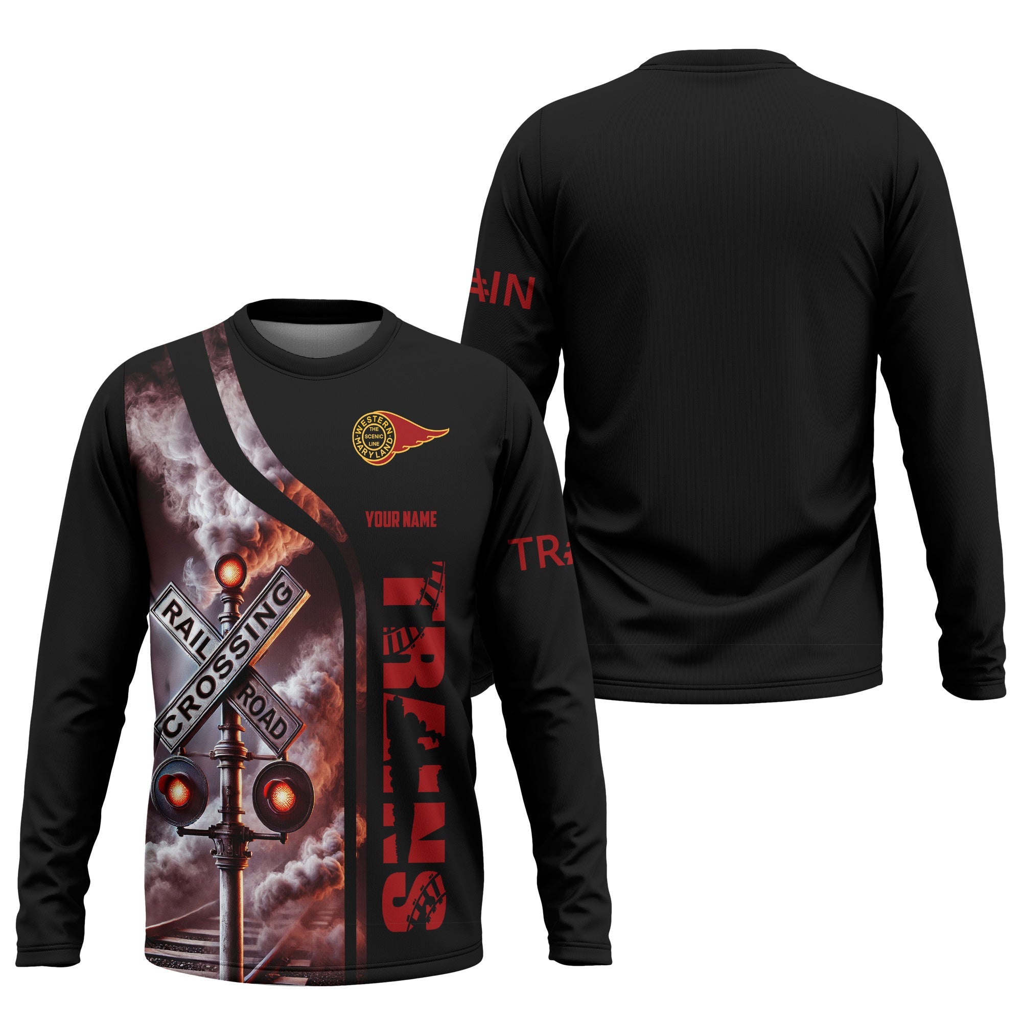 Railspirit Custom Name Western Maryland Railway Long Sleeve Shirt Railroad Crossing Sign Printed Train Shirt