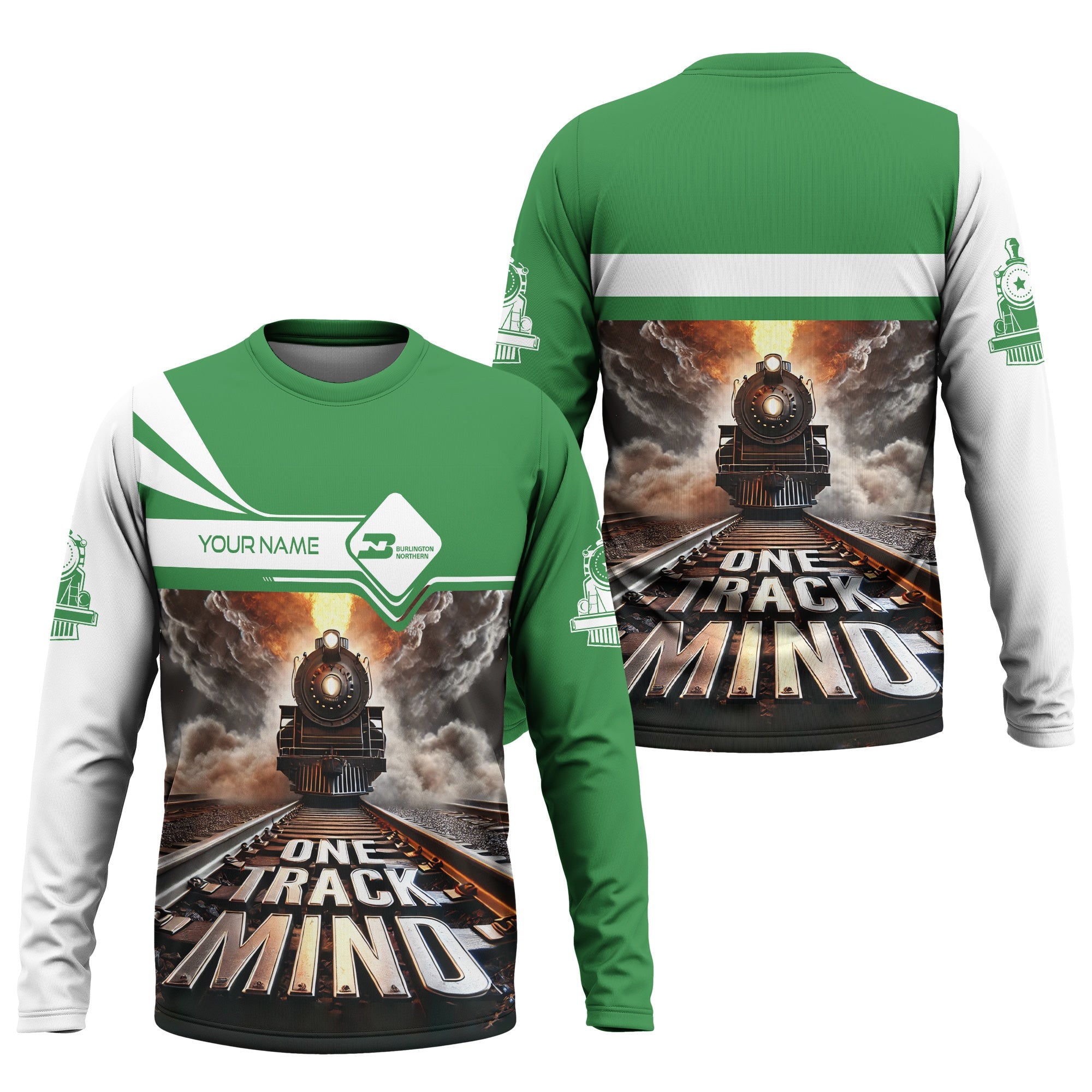 Railspirit Personalized Burlington Northern Railroad Long Sleeve Shirt One Track Mind Train Printed Shirt