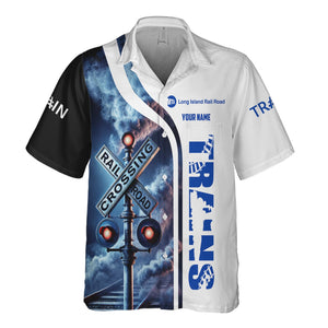 Railspirit Custom Name Long Island Railroad Hawaiian Shirt Railroad Crossing Sign Printed Train Shirt