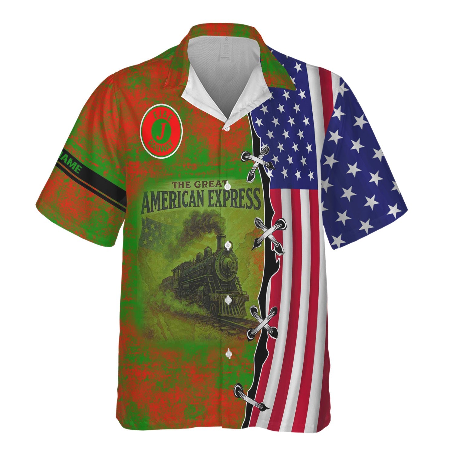 Railspirit Personalized Elgin Joliet And Eastern Railroad Hawaiian Shirt Retro American Express Train With USA Flag Shirt