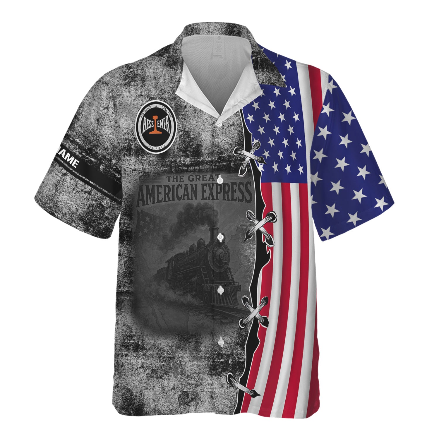 Railspirit Personalized Bessemer And Lake Erie Railroad Hawaiian Shirt Retro American Express Train With USA Flag Shirt