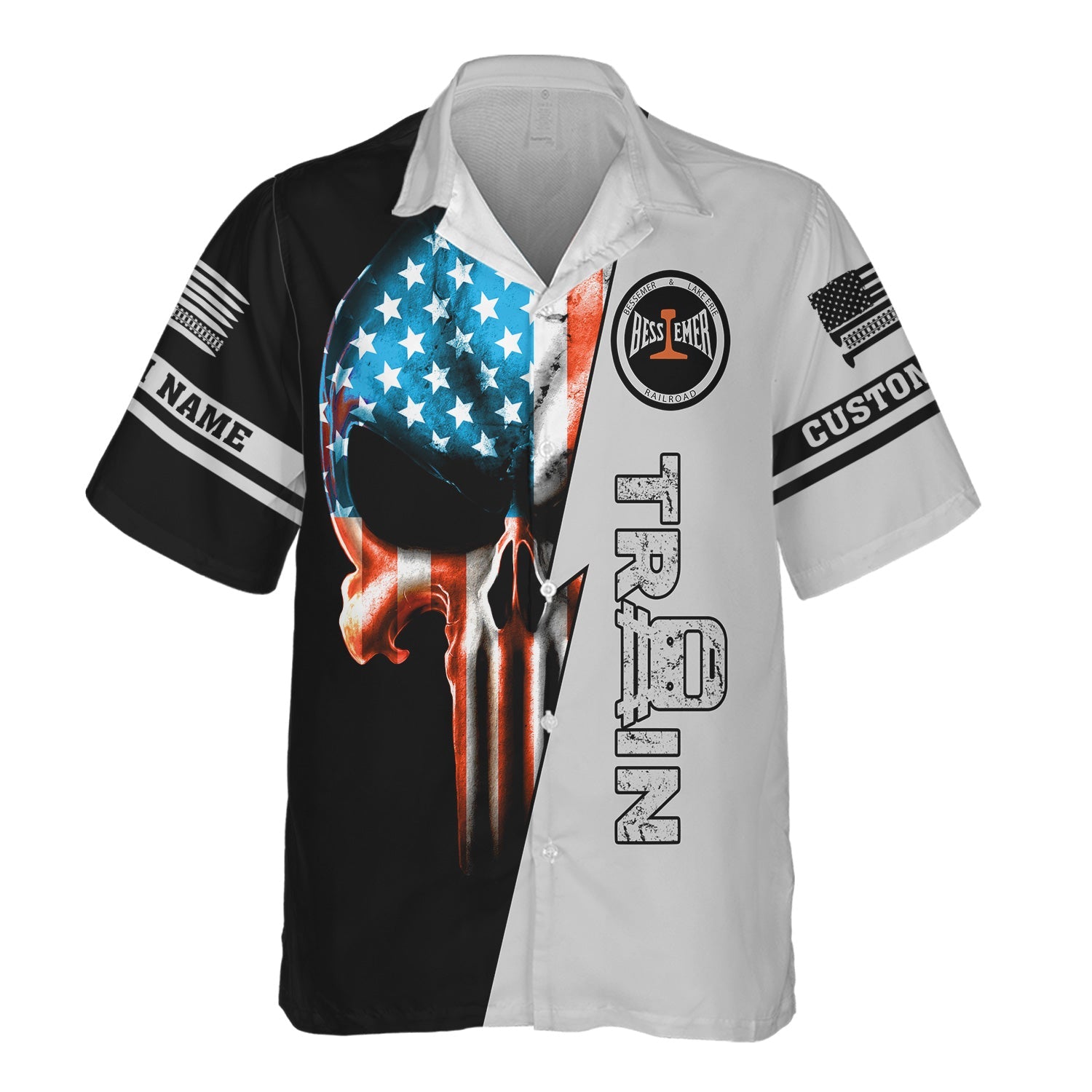 Railspirit Personalized Bessemer And Lake Erie Railroad Hawaiian Shirt Train Skull American Flag Shirt All Over Print