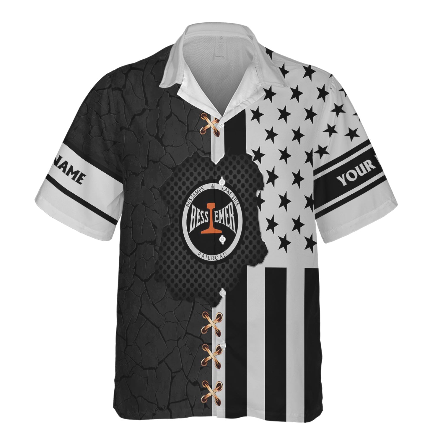 Railspirit Personalized Bessemer And Lake Erie Railroad Hawaiian Shirt American Flag with Crack Effect Train Shirt