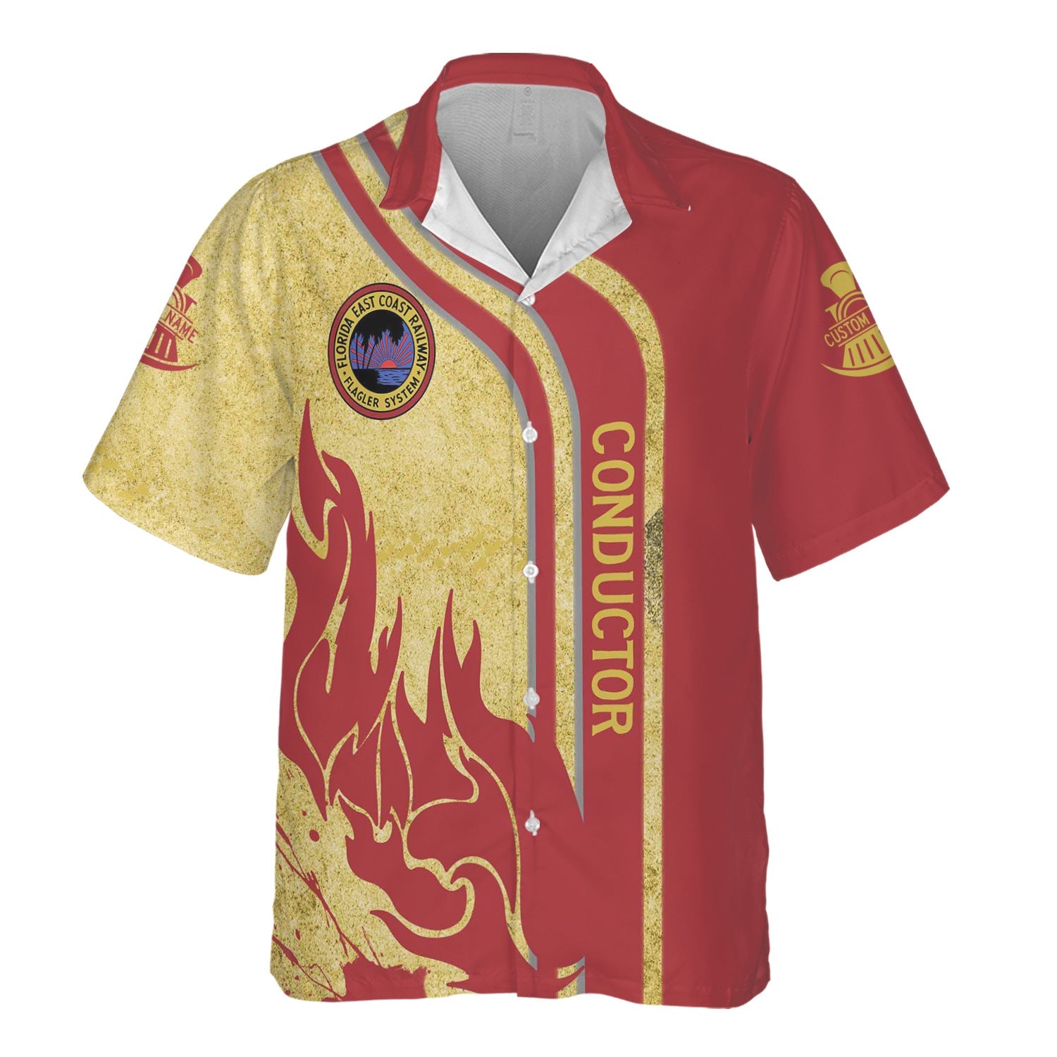 Railspirit Personalized Florida East Coast Railway Hawaiian Shirt Flame Design with Custom Job Position Train Shirt