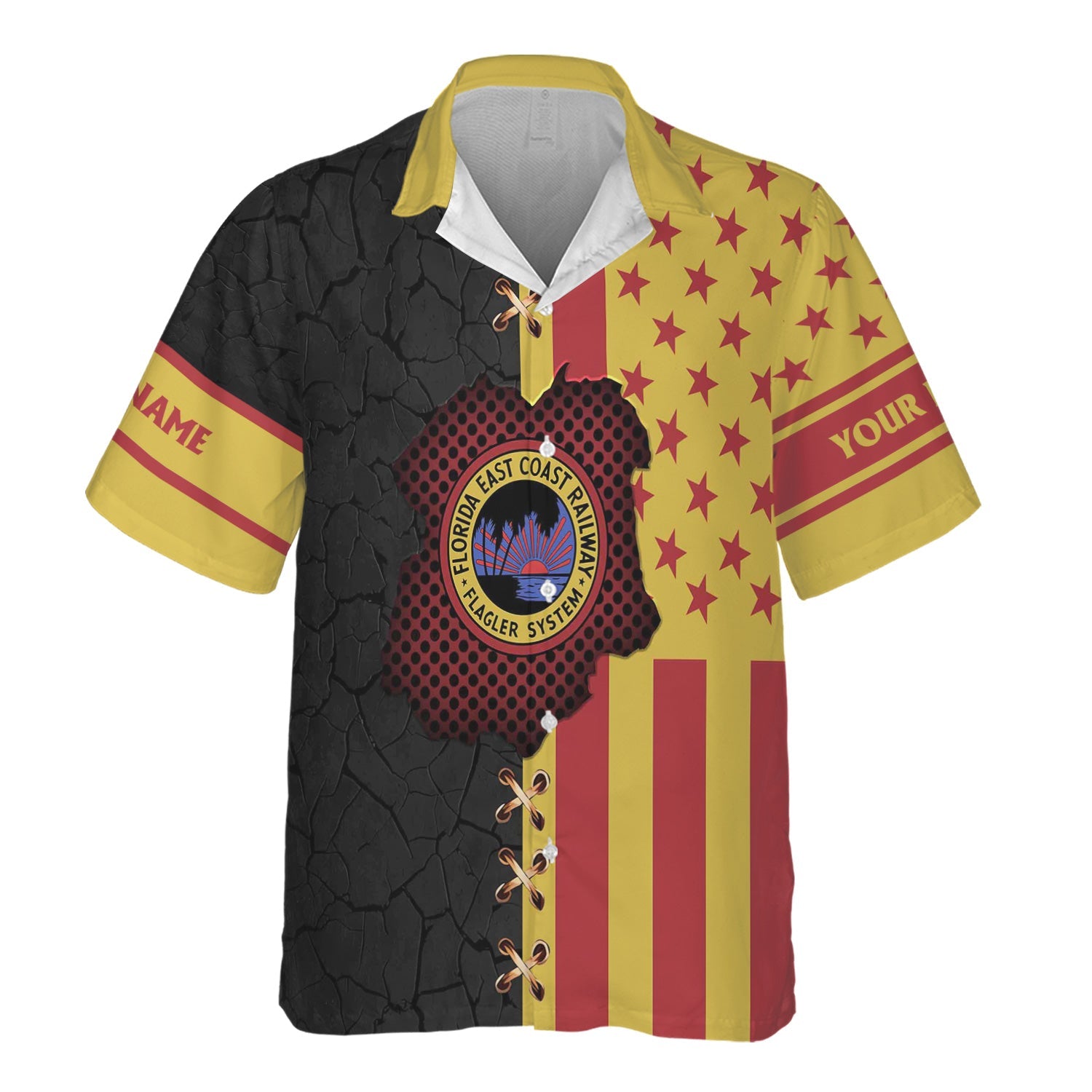 Railspirit Personalized Florida East Coast Railway Hawaiian Shirt American Flag with Crack Effect Train Shirt