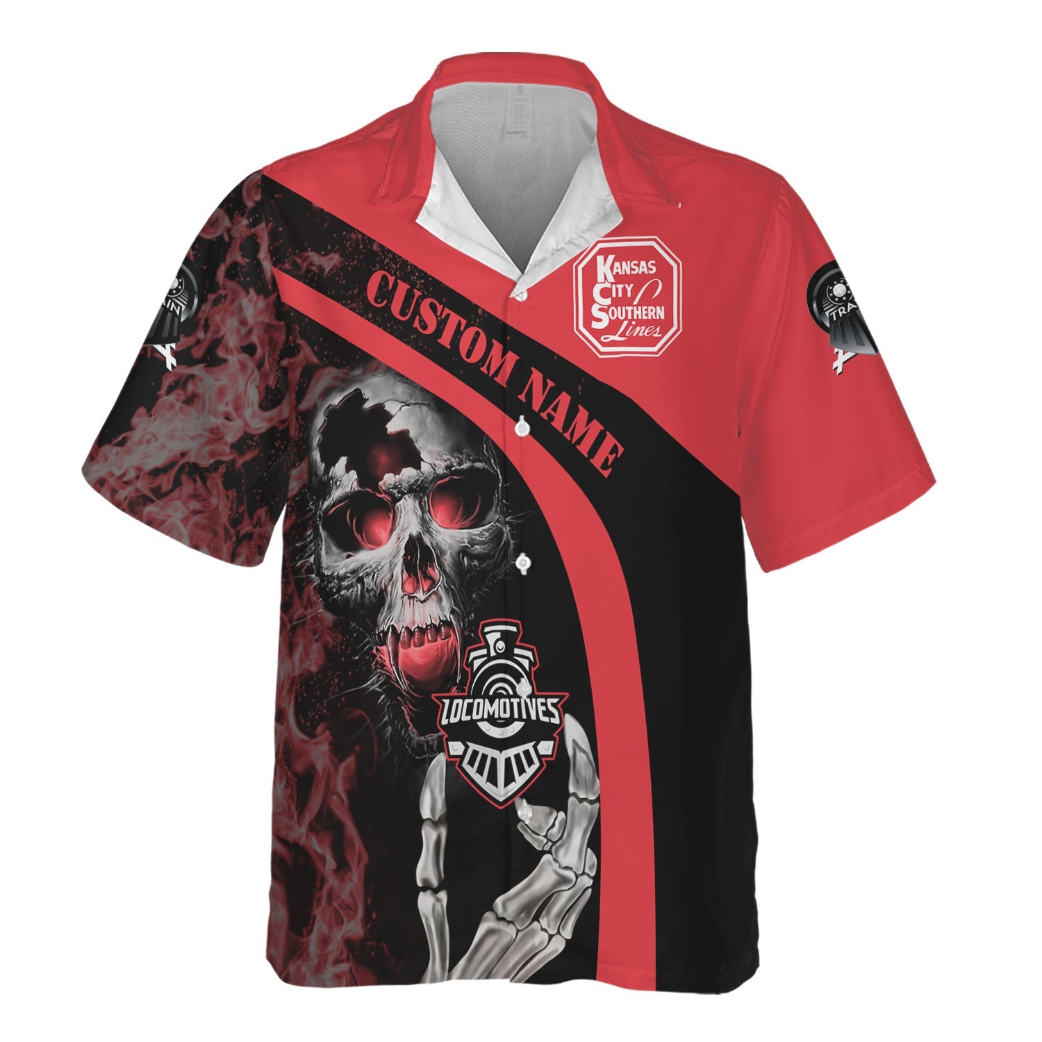 Railspirit Personalized Kansas City Southern Hawaiian Shirt Flame Skull Design Train Shirt for Locomotive Fans