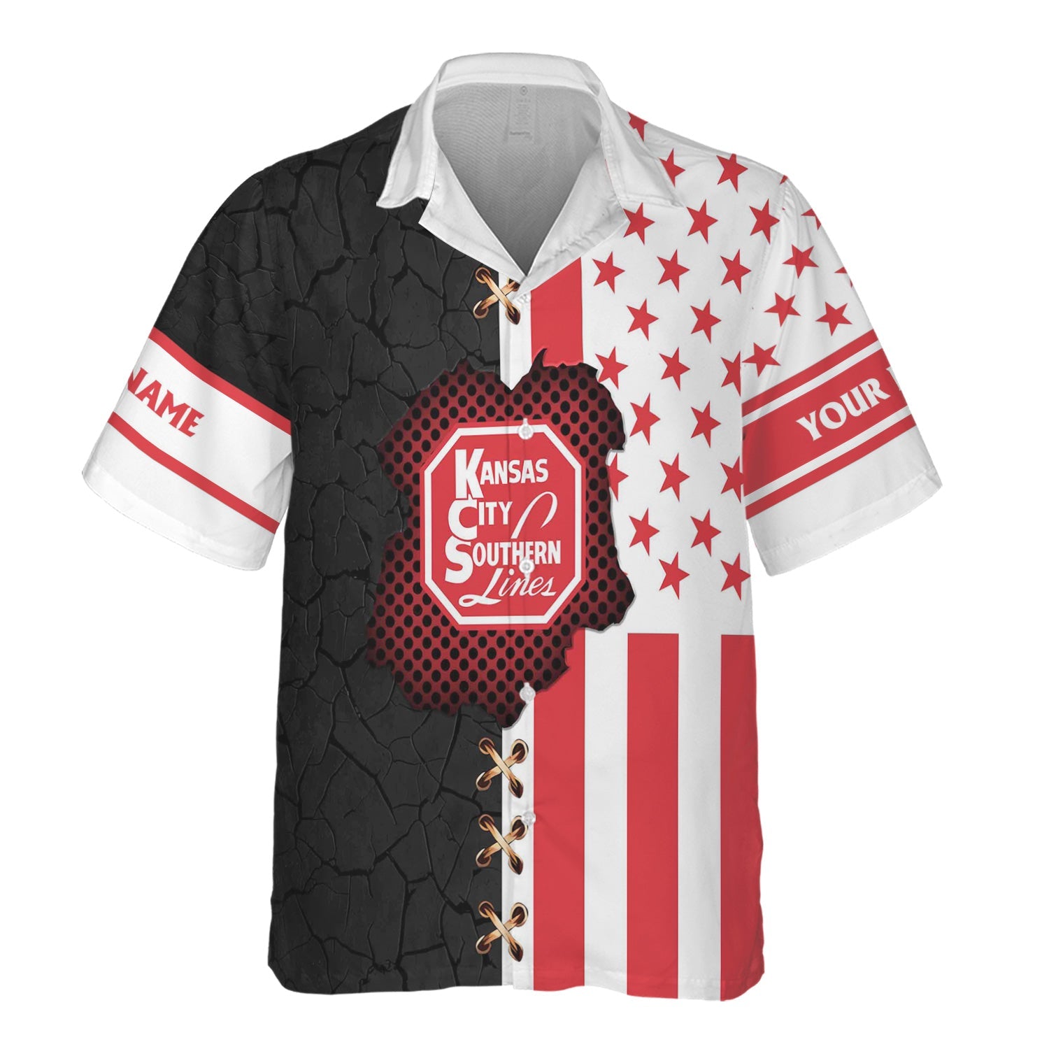 Railspirit Personalized Kansas City Southern Hawaiian Shirt American Flag with Crack Effect Train Shirt