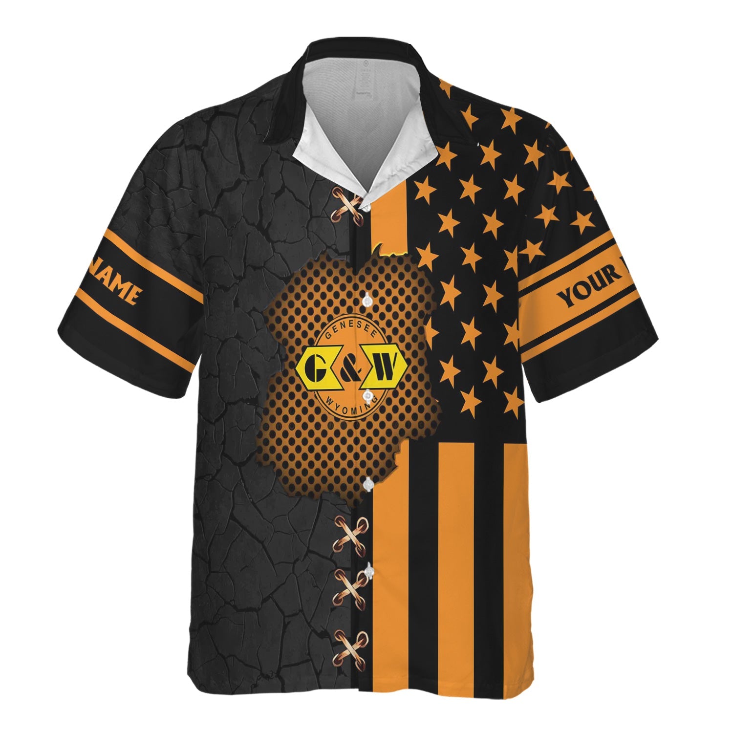 Railspirit Personalized Genesee & Wyoming Inc. Railroad Hawaiian Shirt American Flag with Crack Effect Train Shirt