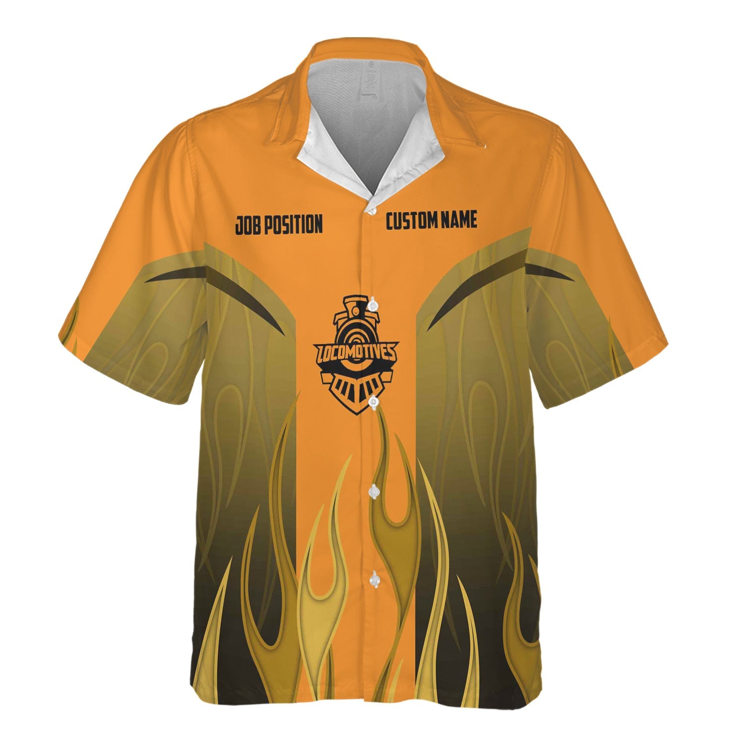 Railspirit Custom Name and Job Title Genesee & Wyoming Inc. Railroad Hawaiian Shirt Flame Graphic Train Shirt For Rail Workers