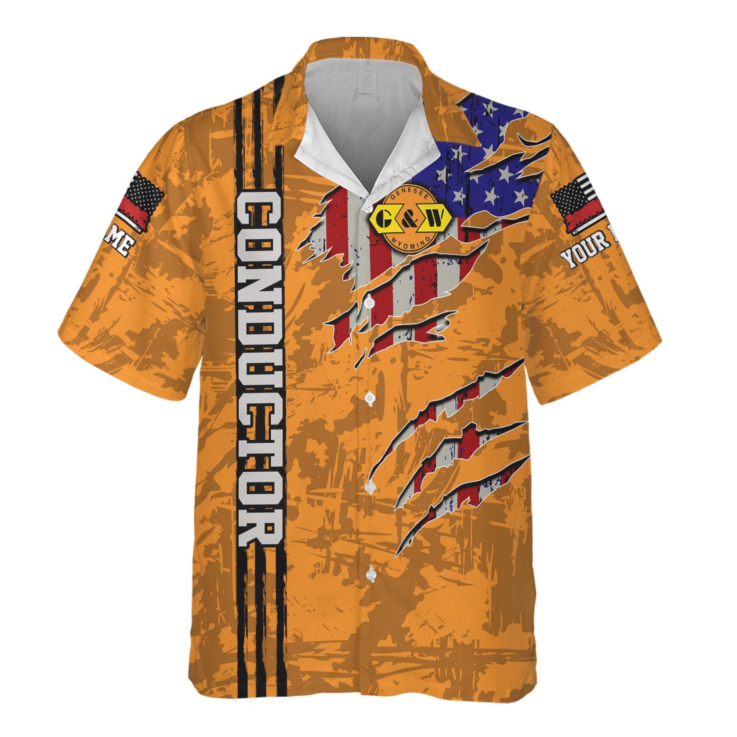 Railspirit Personalized Genesee & Wyoming Inc. Railroad Hawaiian Shirt USA Flag Claw Art with Custom Job Train Shirt