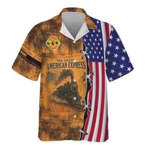 Railspirit Personalized Genesee & Wyoming Inc. Railroad Hawaiian Shirt Retro American Express Train With USA Flag Shirt