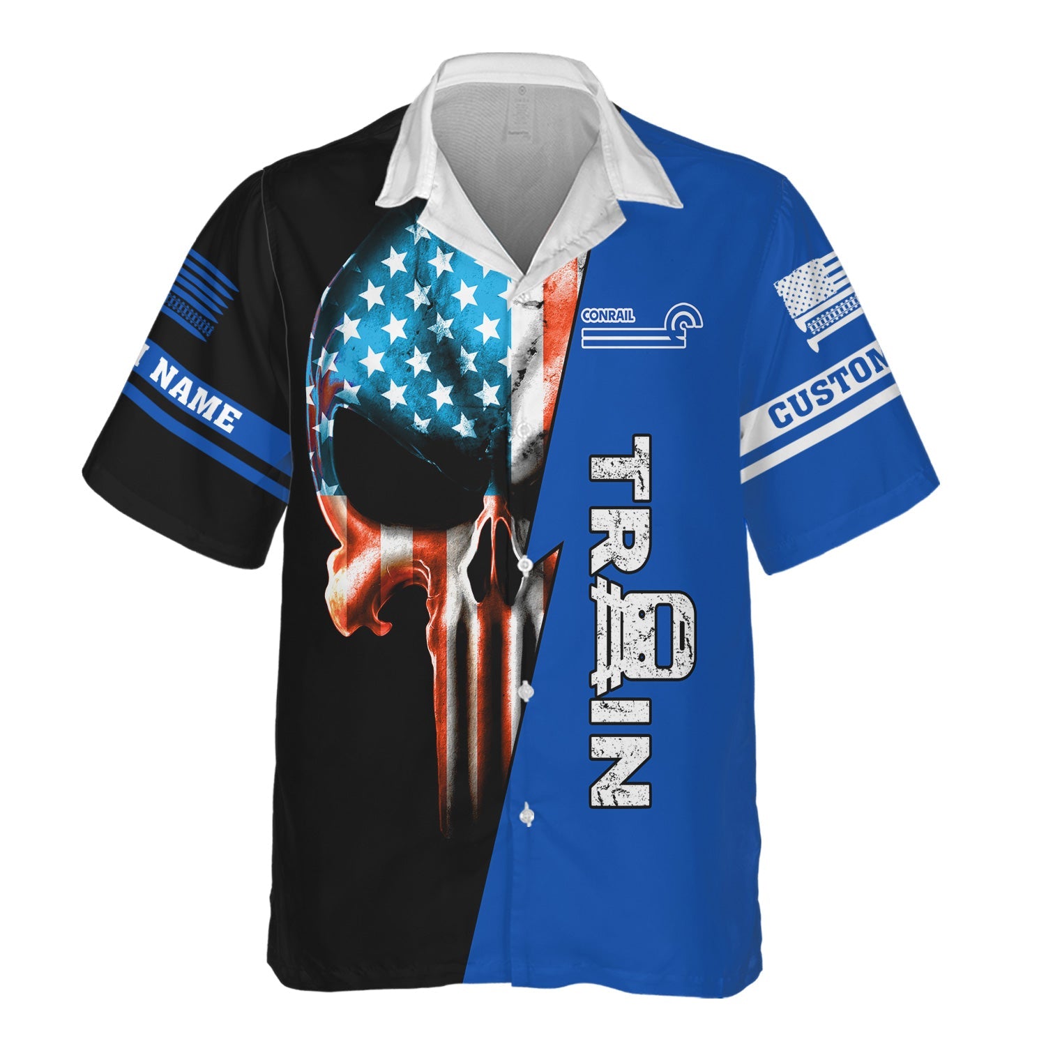 Railspirit Personalized Conrail Railroad Hawaiian Shirt Train Skull American Flag Shirt All Over Print