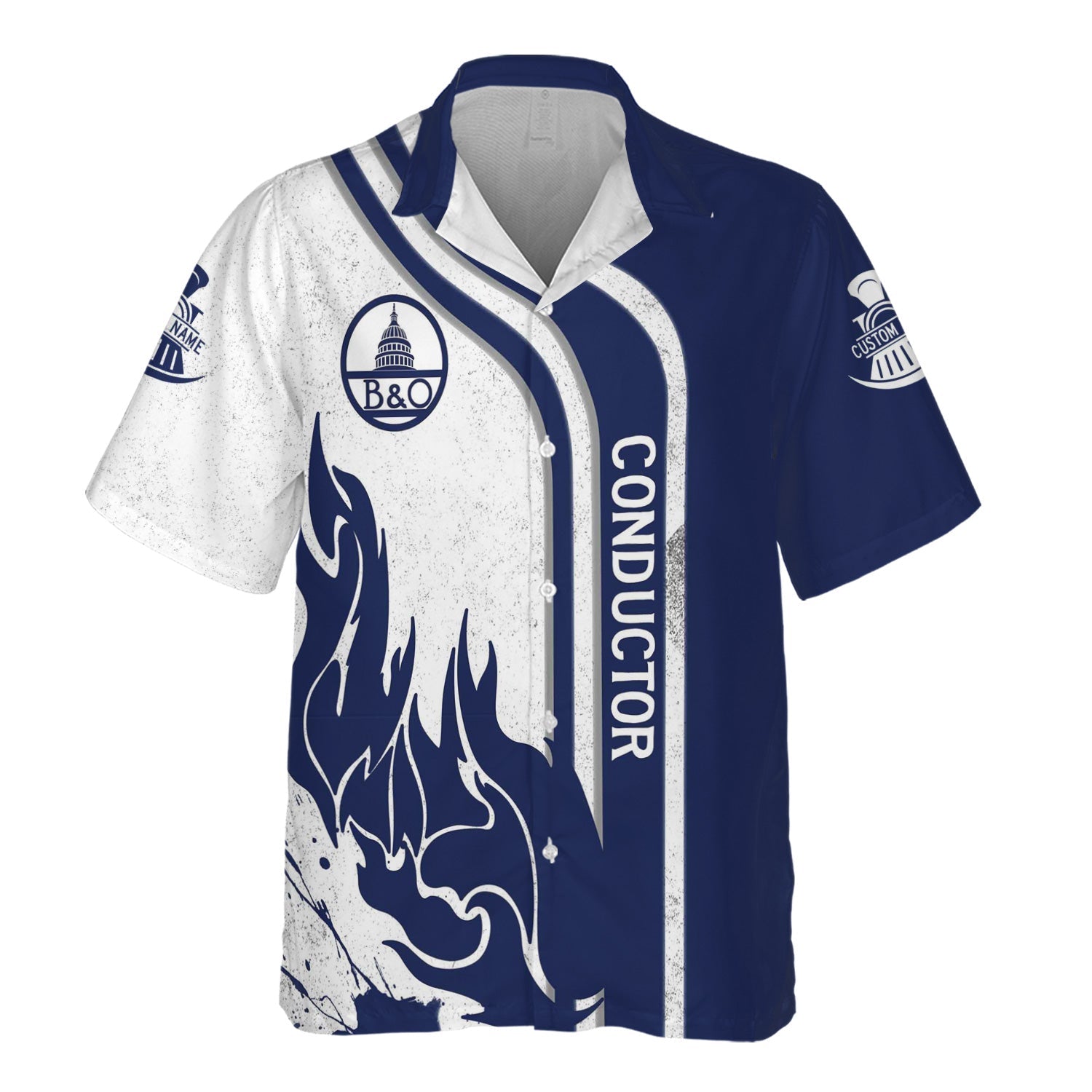 Railspirit Personalized Baltimore and Ohio Railroad Hawaiian Shirt Flame Design with Custom Job Position B&O Train Shirt