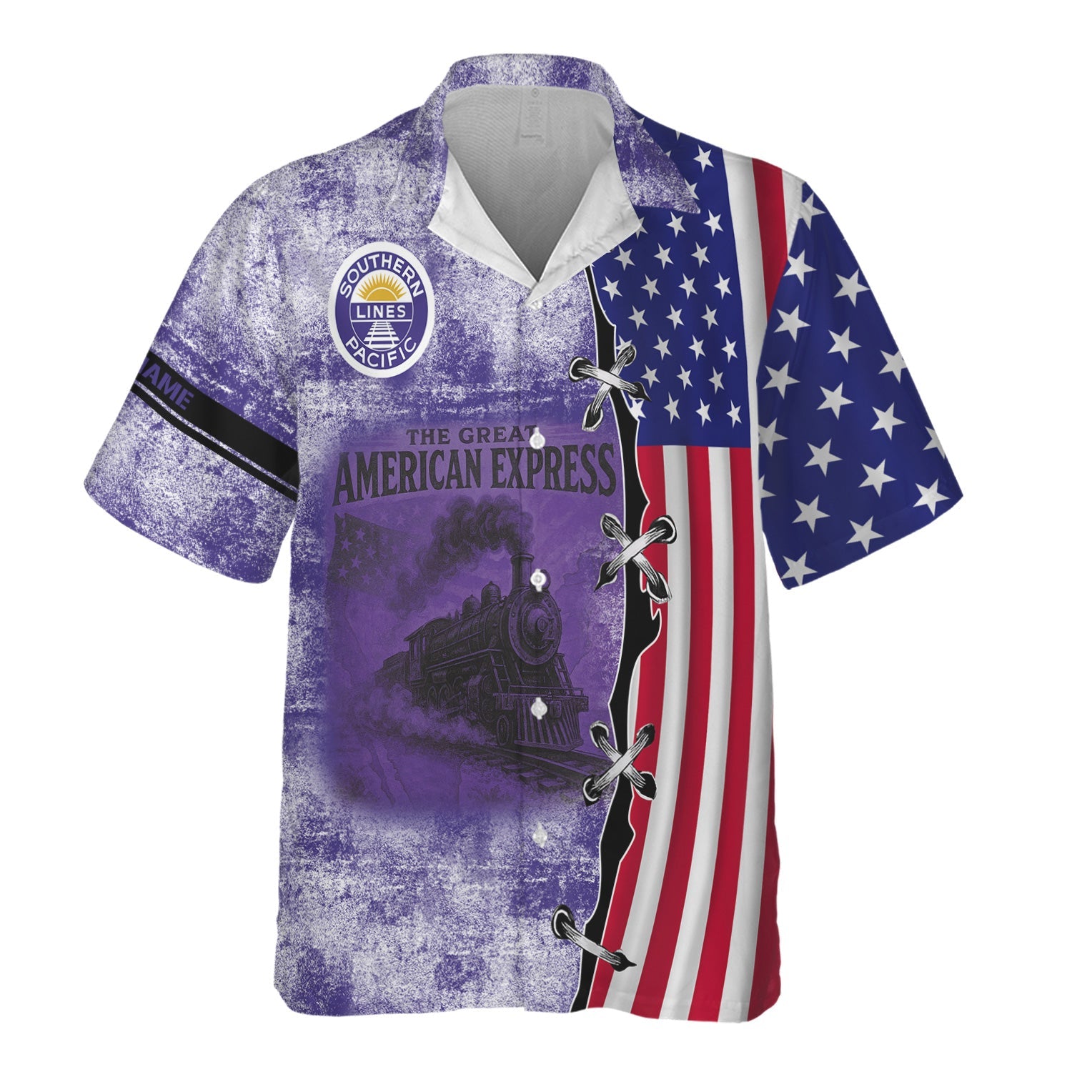 Railspirit Personalized Southern Pacific Railroad Hawaiian Shirt Retro American Express Train With USA Flag Shirt